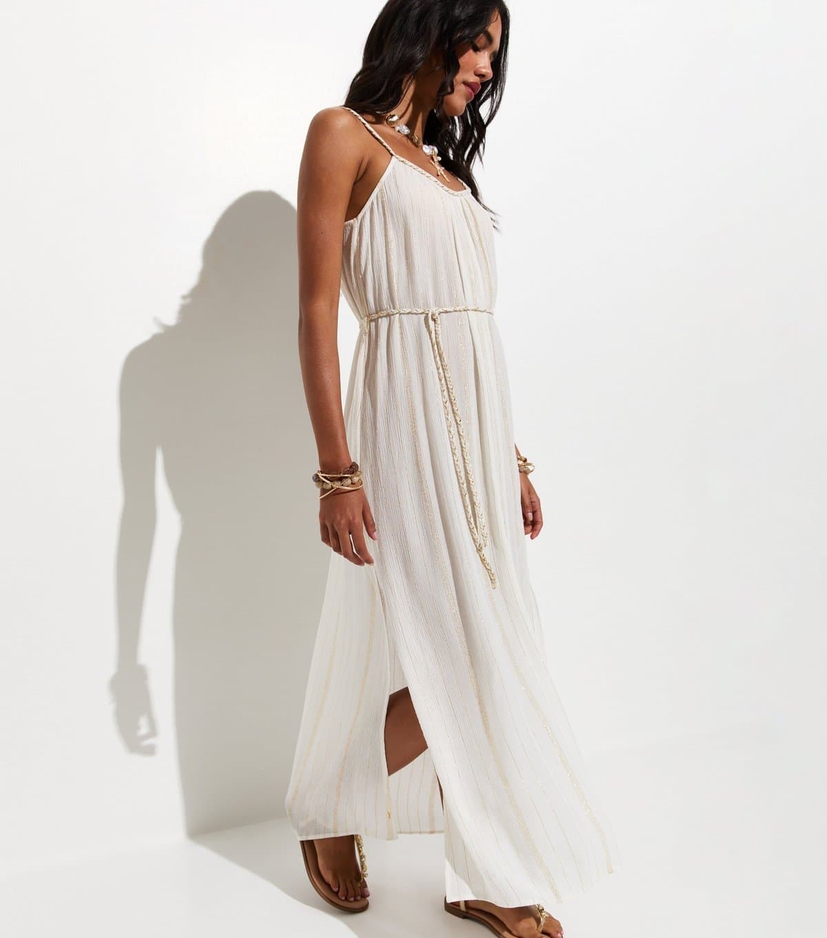 New Look Women's Cream Metallic Braided Trim Beach Maxi Dress New Look