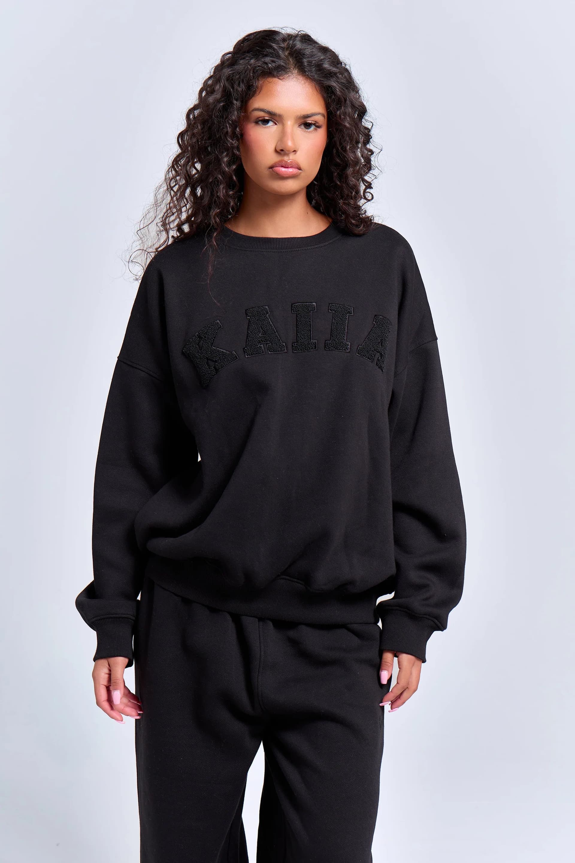 Kaiia Kaiia Borg Slogan Oversized Sweatshirt Black