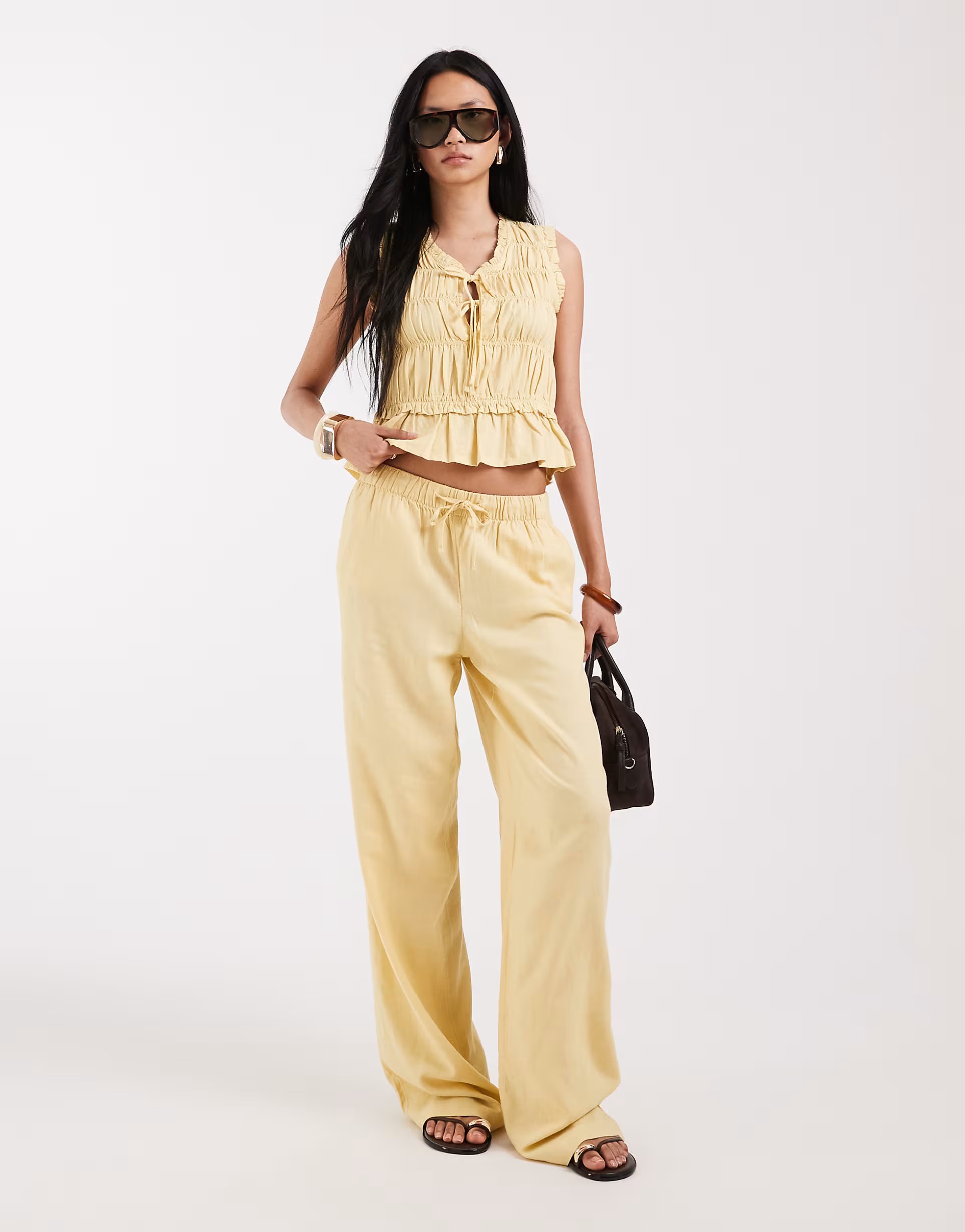 ASOS ONLY Tall linen blend tie front ruched top & linen blend pull on trousers co-ord in pale yellow - 1