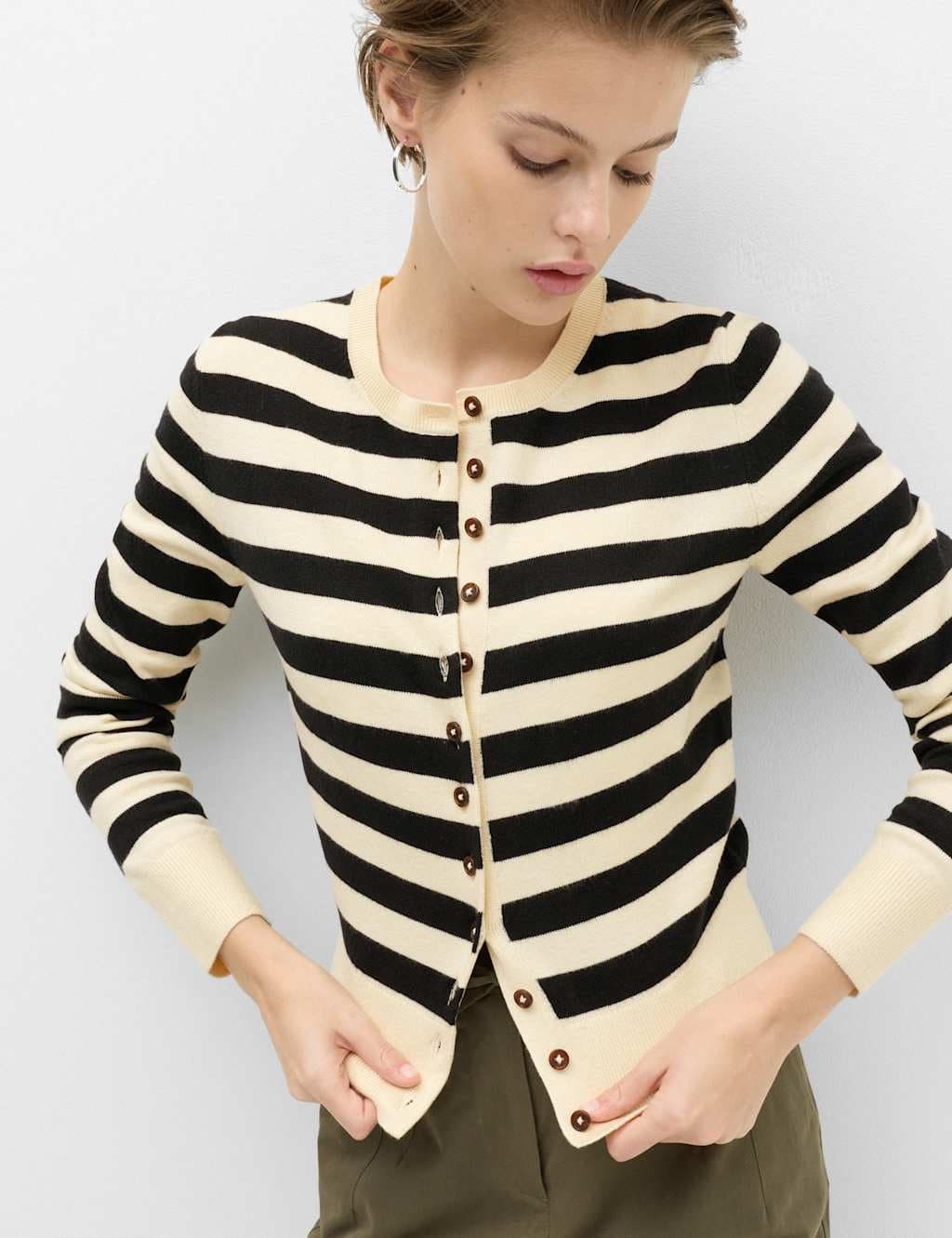 Marks & Spencer M&S Air-Yarn Striped Cropped Cardigan Light Cream