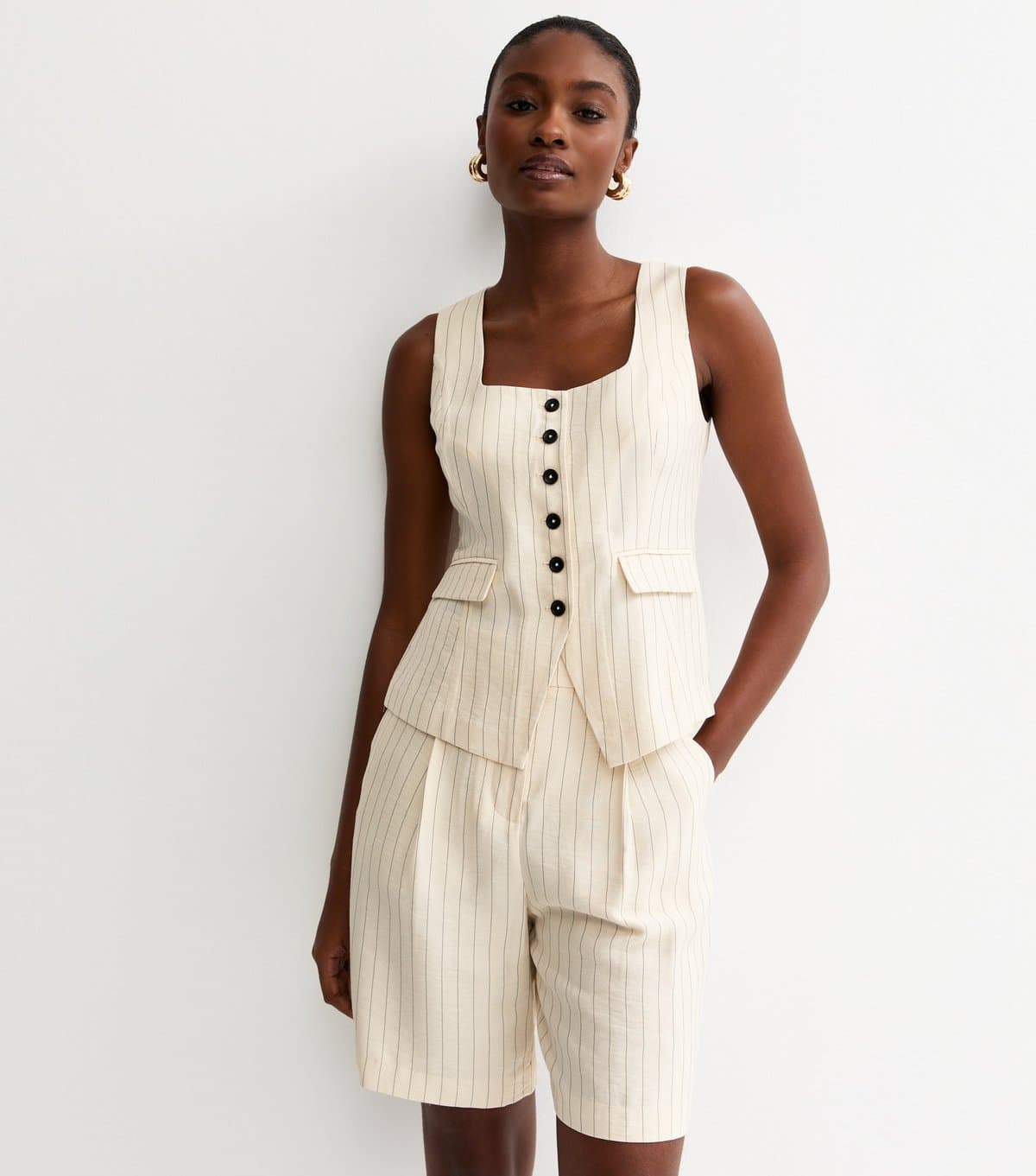 New Look Women's Cream Stripe Square Neck Waistcoat New Look