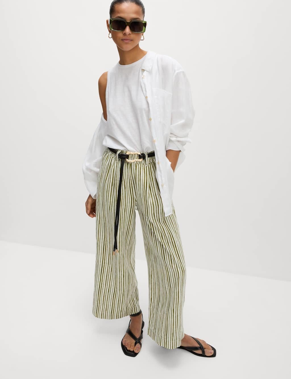 M&S Green Mix Linen Rich Wide Leg Cropped Trousers
