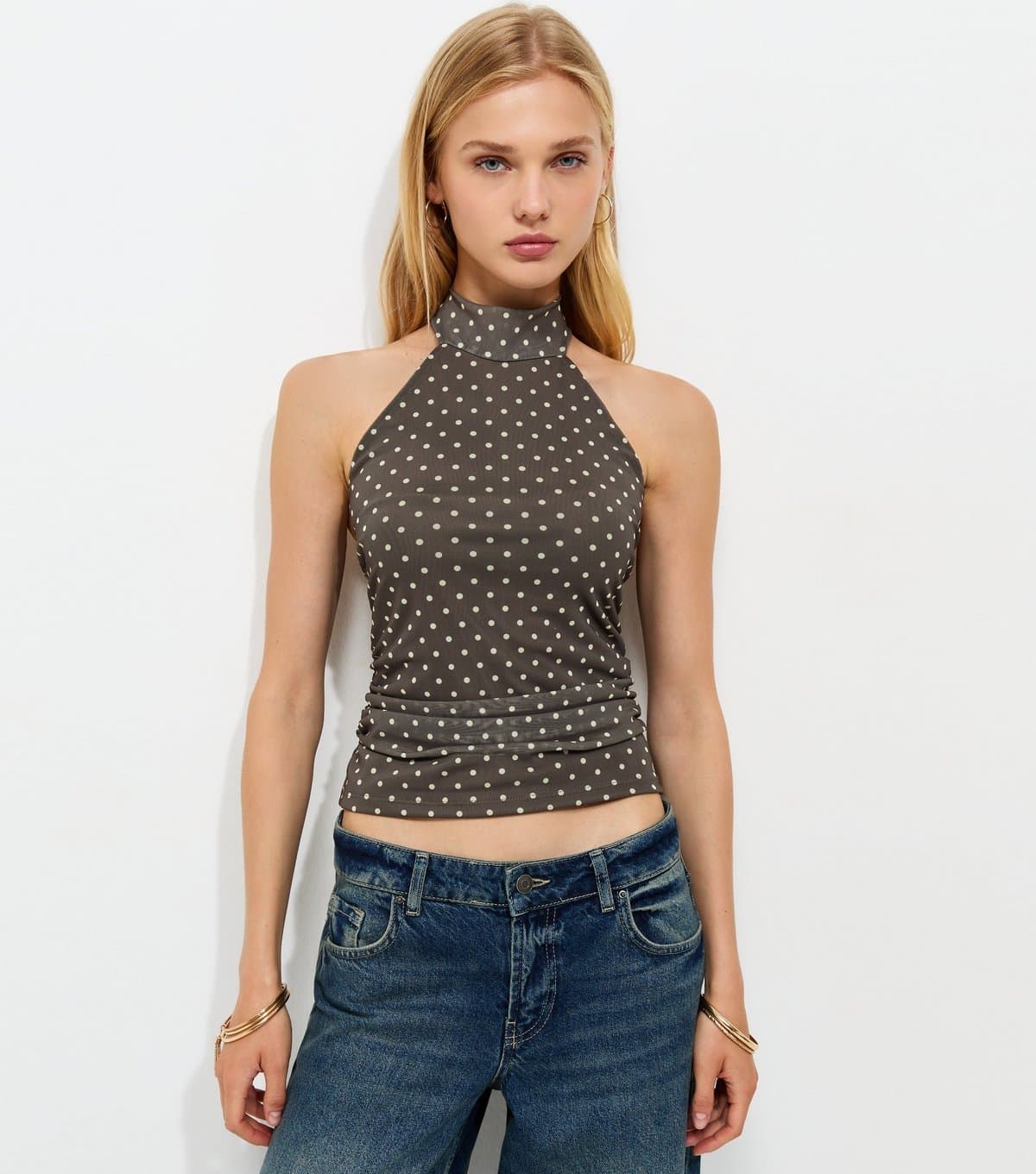 New Look Women's Brown Mesh Polka Dot High Neck Halter Top New Look