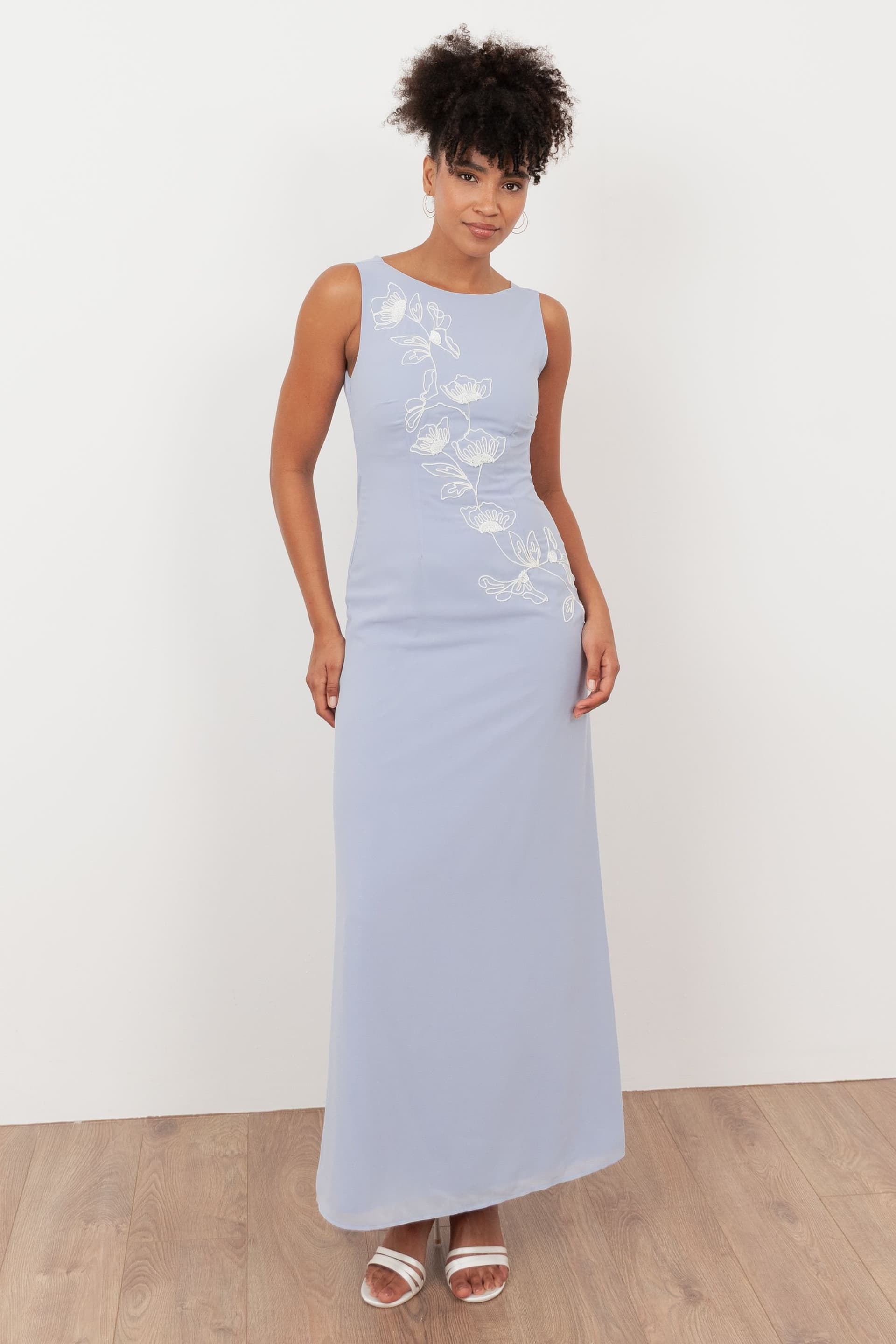 Maya Deluxe Maya Deluxe Women's Floral Embroidery Cowl Back Maxi Dress in Light Blue