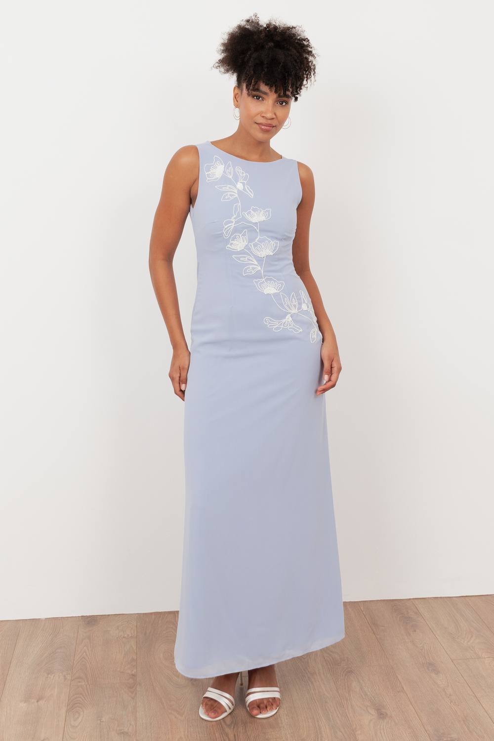 Maya Deluxe Maya Deluxe Women's Floral Embroidery Cowl Back Maxi Dress in Light Blue - 3