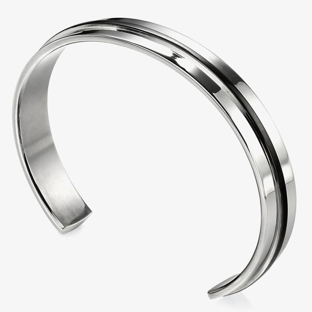 Fred Bennett Fred Bennett Men's Stainless Steel Black PVD Stripe Open Cuff B3393 - 1
