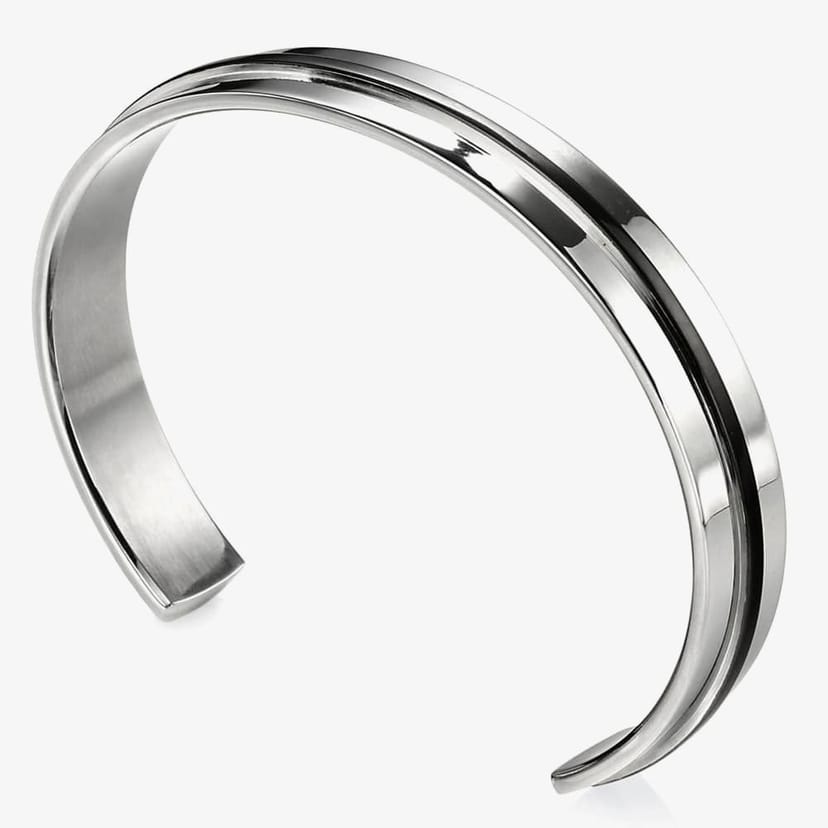 Fred Bennett Fred Bennett Men's Stainless Steel Black PVD Stripe Open Cuff B3393 - 1
