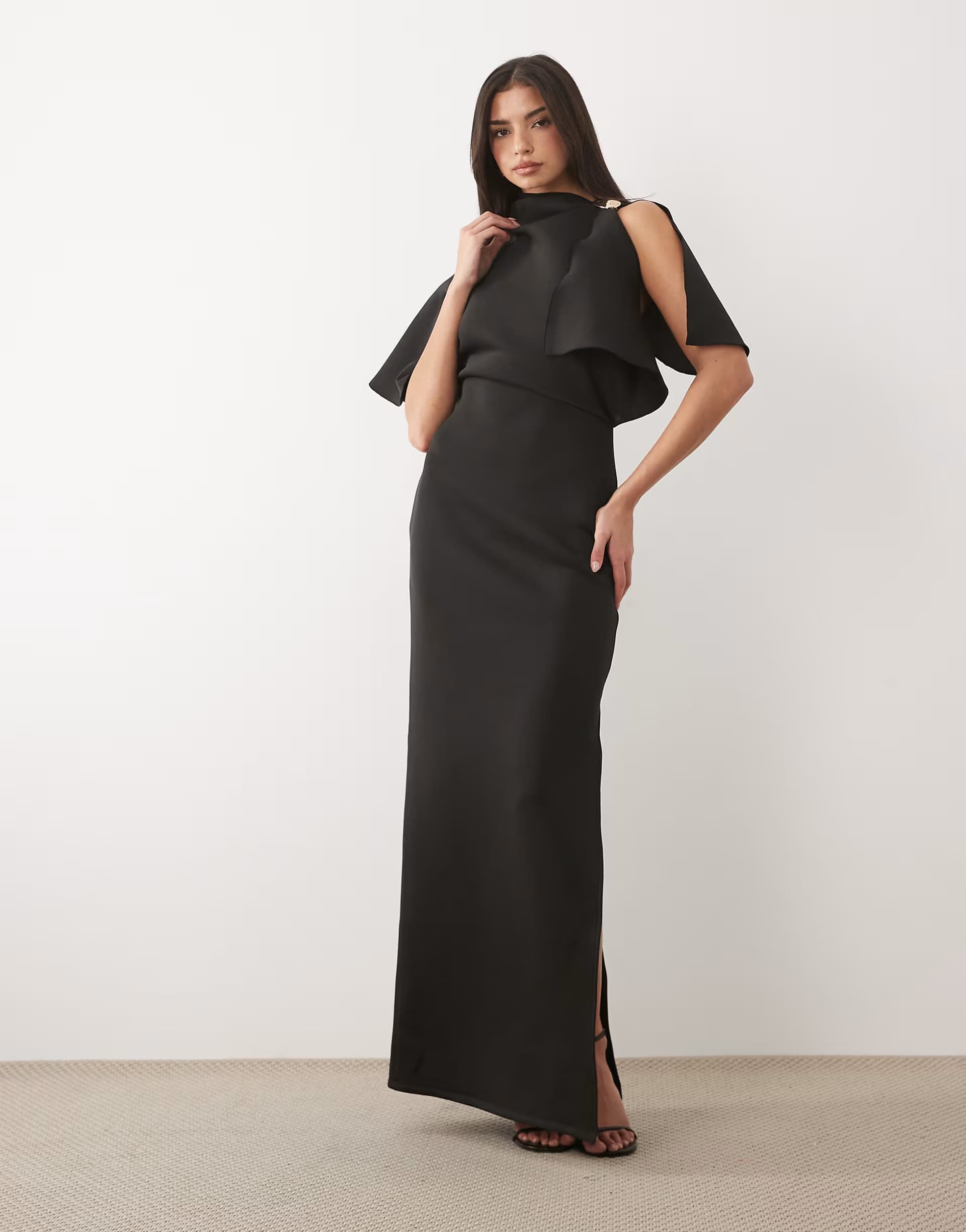 ASOS ASOS DESIGN cape sleeve maxi dress with shoulder trim in black scuba-style fabric
