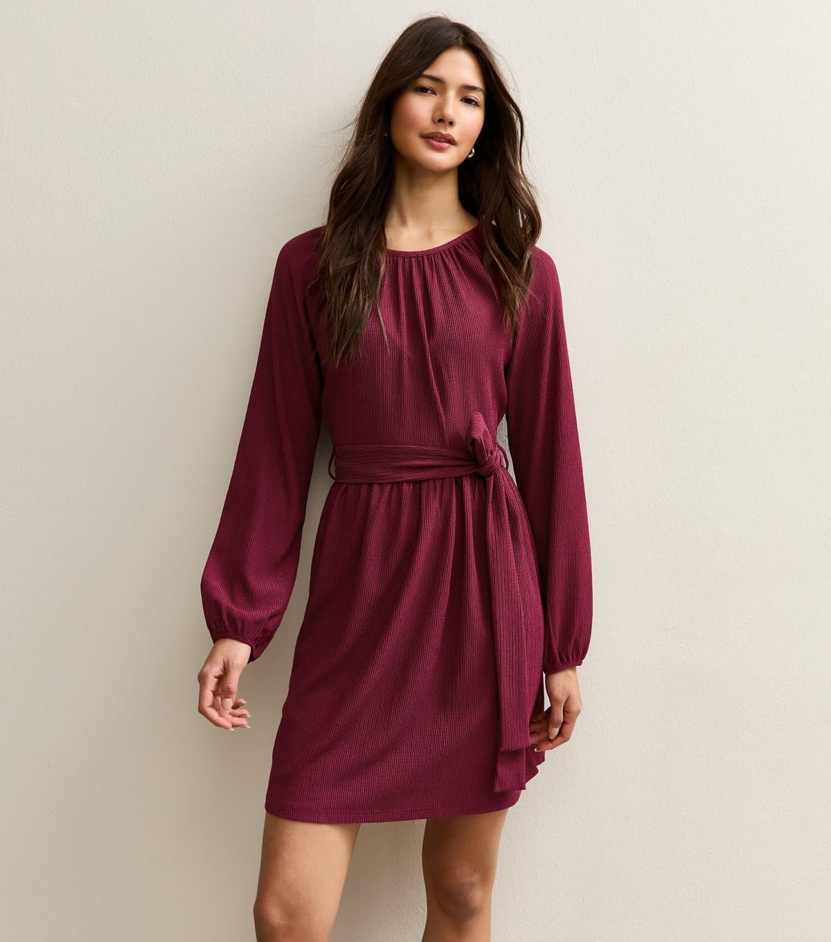 New Look Women's Dark Burgundy Crinkled Jersey Belted Mini Dress New Look