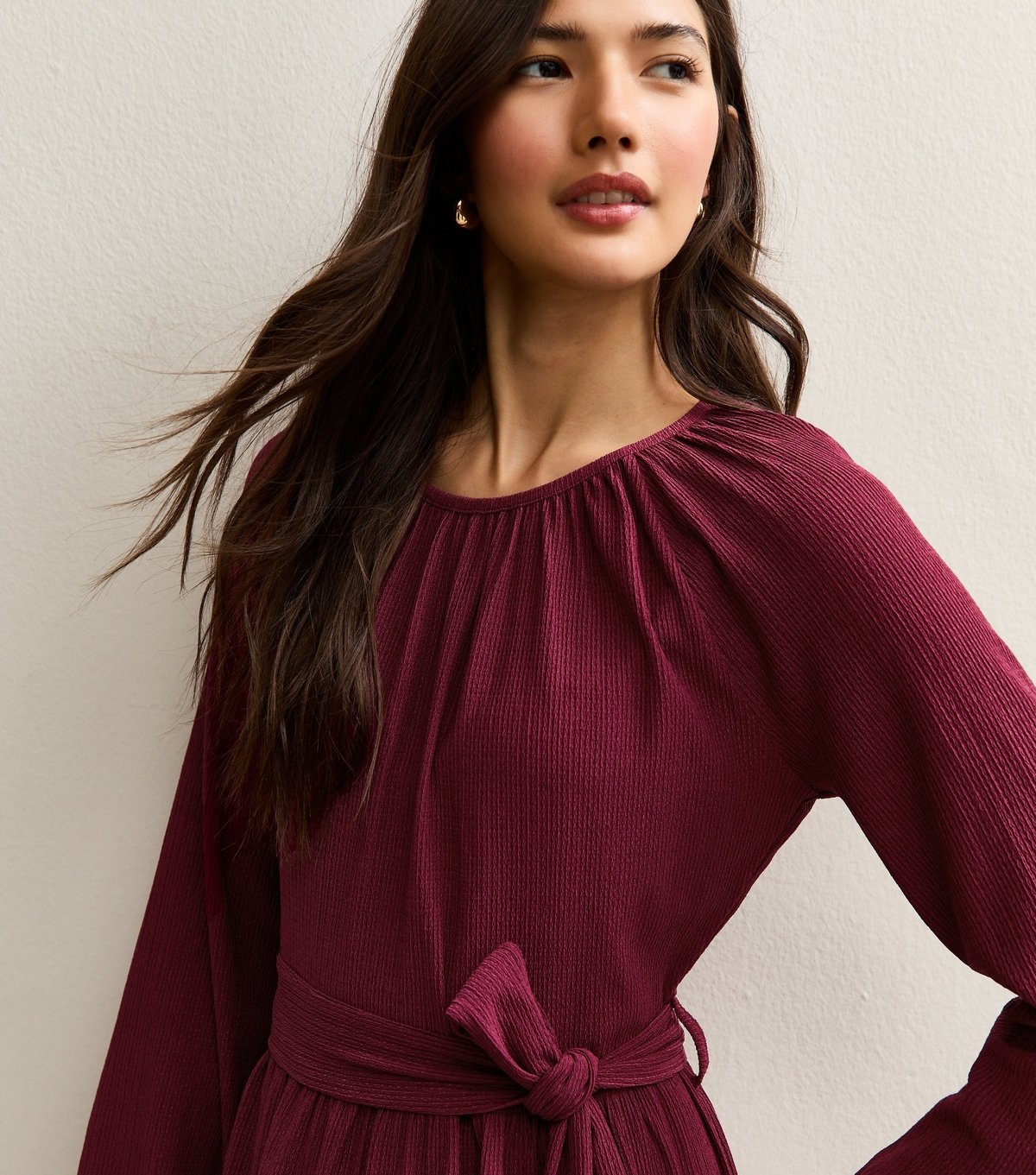 New Look Women's Dark Burgundy Crinkled Jersey Belted Mini Dress New Look - 3