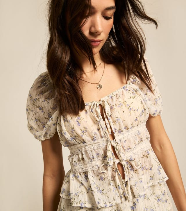 New Look Women's Cream Floral Print Lace Trimmed Tie Front Top New Look - 2
