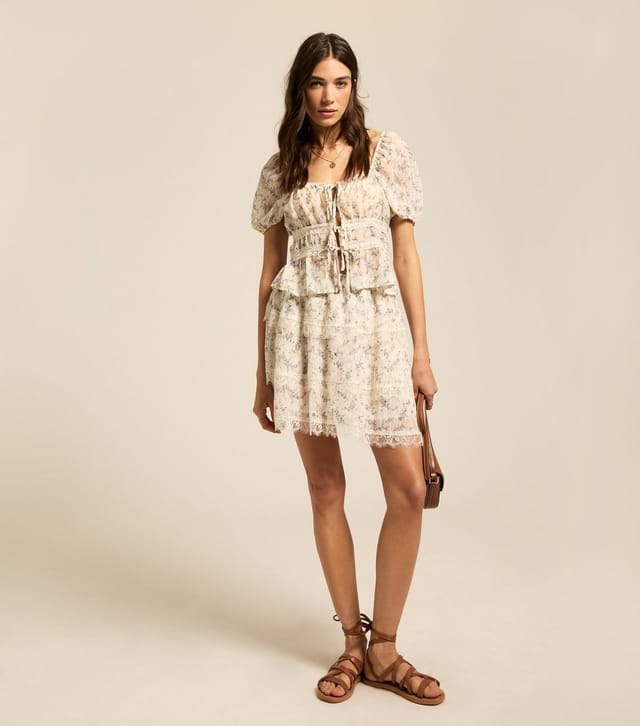 New Look Women's Cream Floral Print Lace Trimmed Tie Front Top New Look - 3