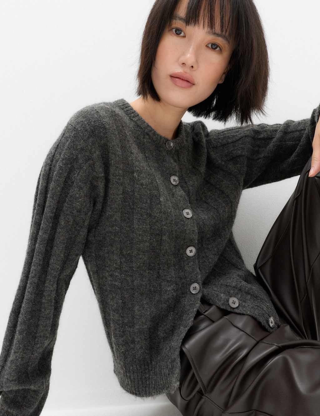Marks & Spencer M&S Ribbed Crew Neck Cardigan with Wool Charcoal