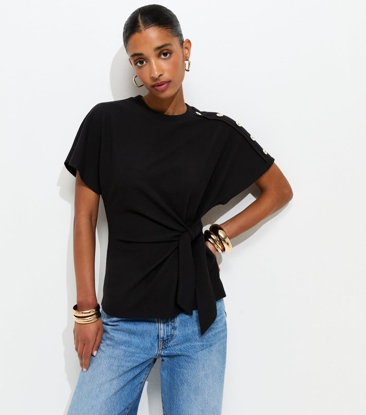 New Look Women's Black Ribbed Texture Button Detail Side Tie Top New Look