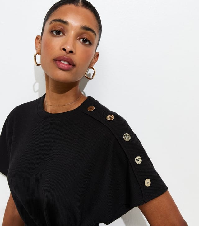 New Look Women's Black Ribbed Texture Button Detail Side Tie Top New Look - 2