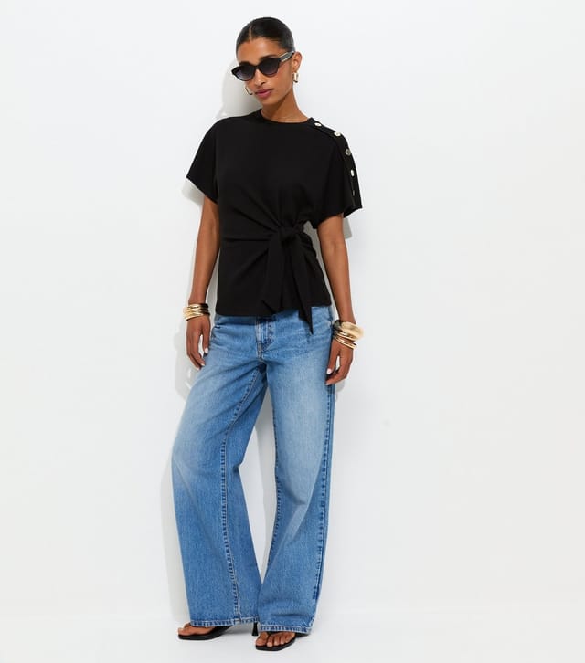 New Look Women's Black Ribbed Texture Button Detail Side Tie Top New Look - 3