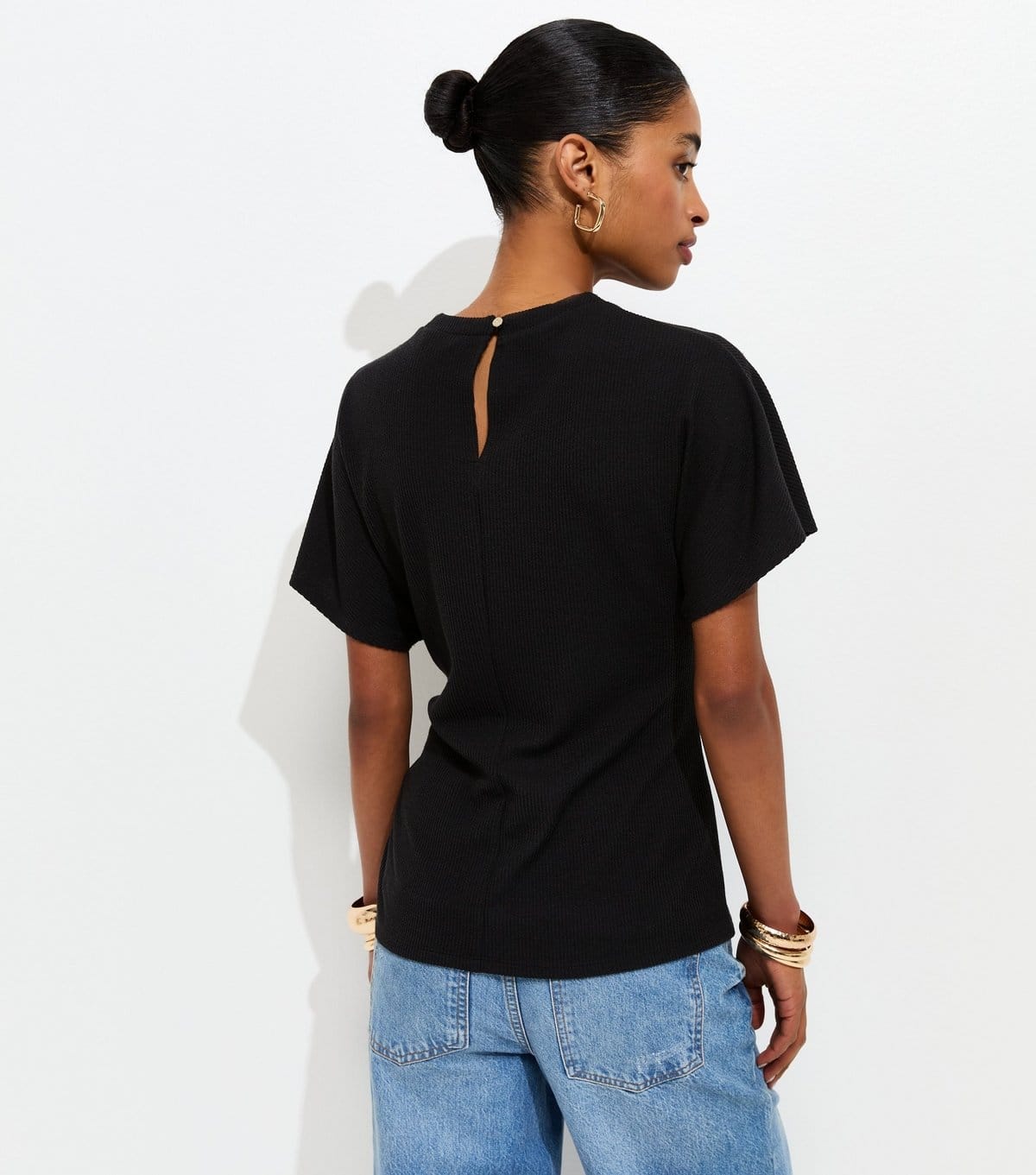 New Look Women's Black Ribbed Texture Button Detail Side Tie Top New Look - 4