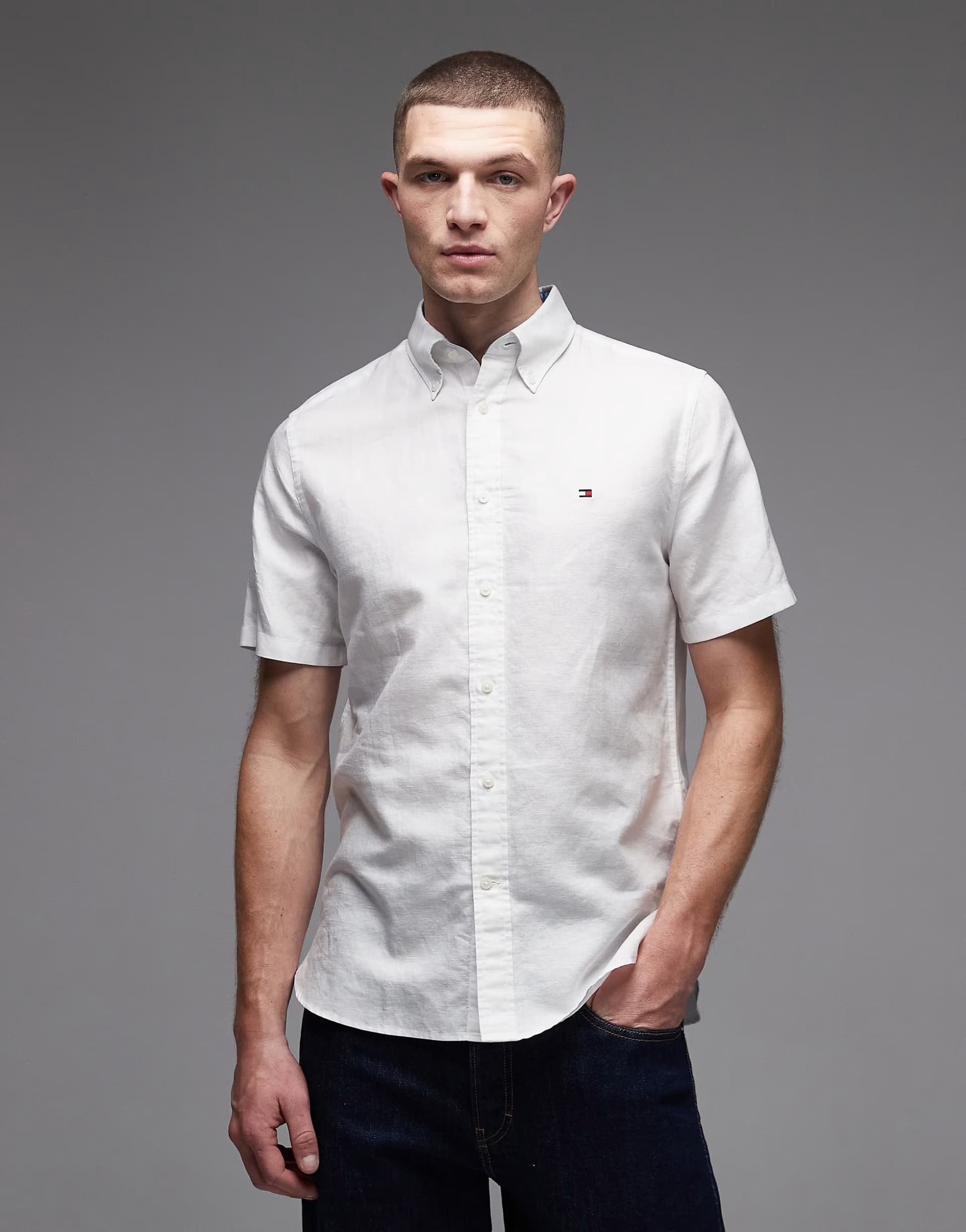 ASOS Tommy Hilfiger linen blend short sleeve shirt in white