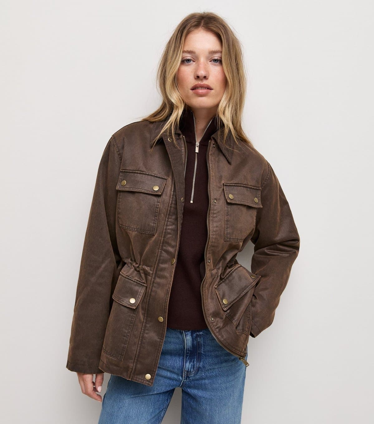 New Look Women's Dark Brown Waxed Flap Pocket Barn Jacket New Look