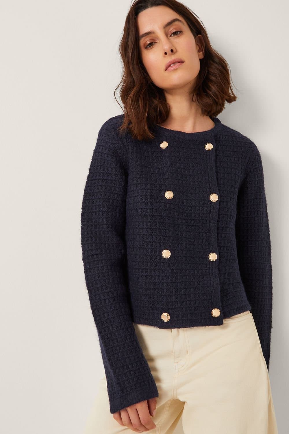 Monsoon Monsoon Women's Skye Double-Breasted Waffle Knit Cardigan Blue in Navy