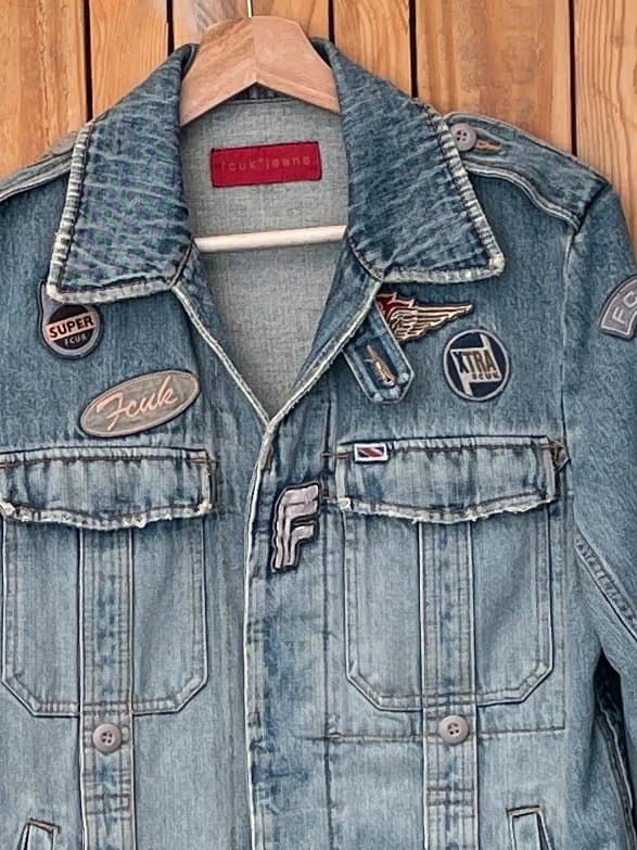 French Connection Vintage FCUK Patched Denim Jacket Blue Y2K Size 12/14