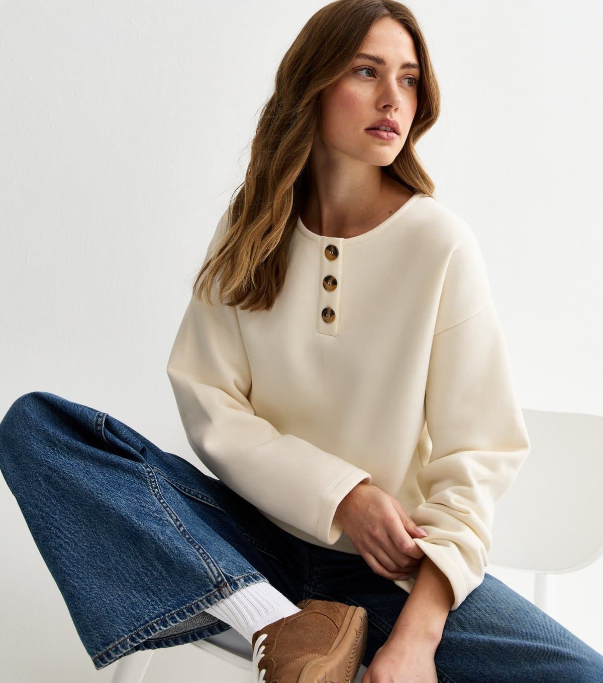 New Look Women's Cream Relaxed Henley Sweatshirt New Look