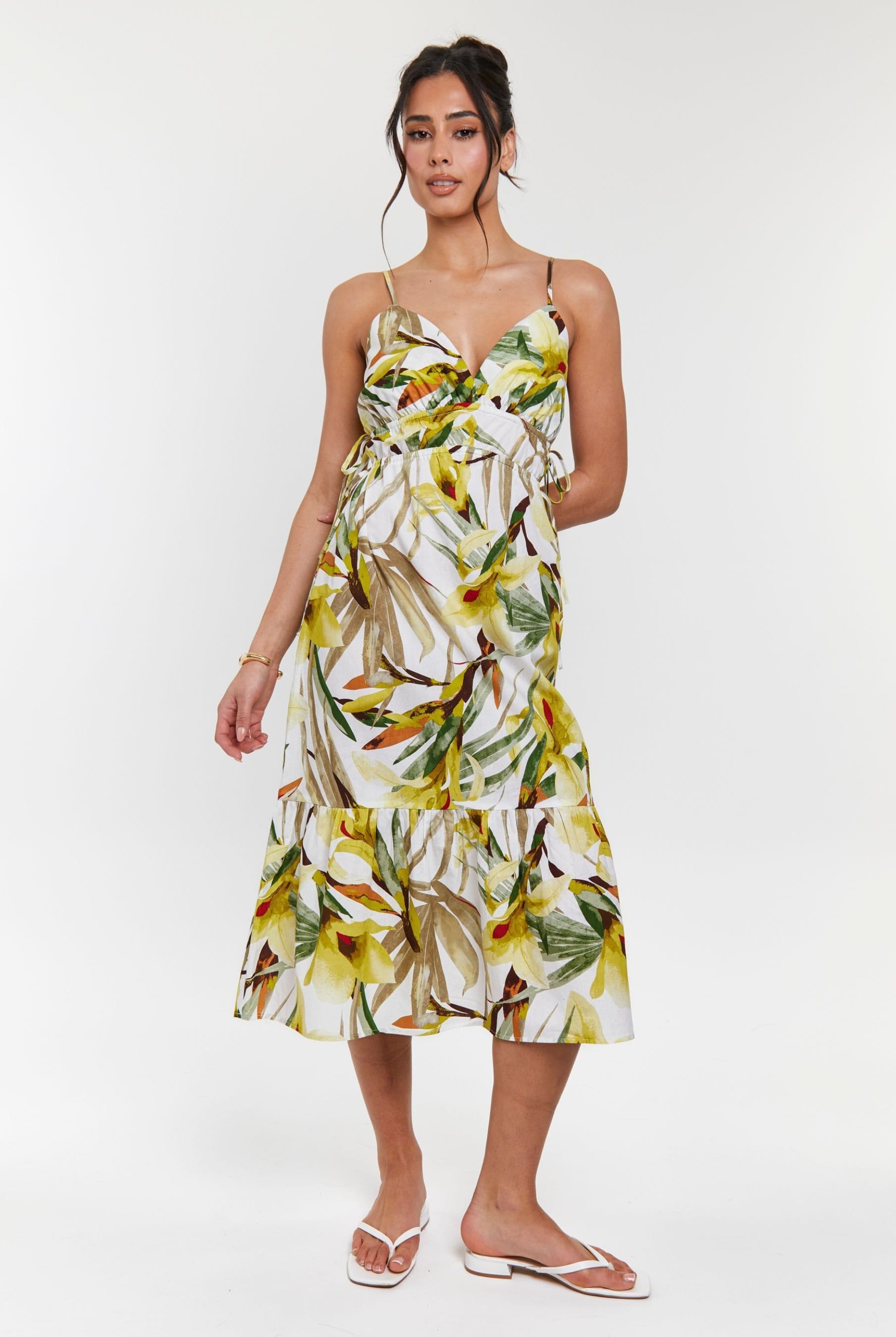 South Beach Green Floral Strappy Dress With Frill Skirt