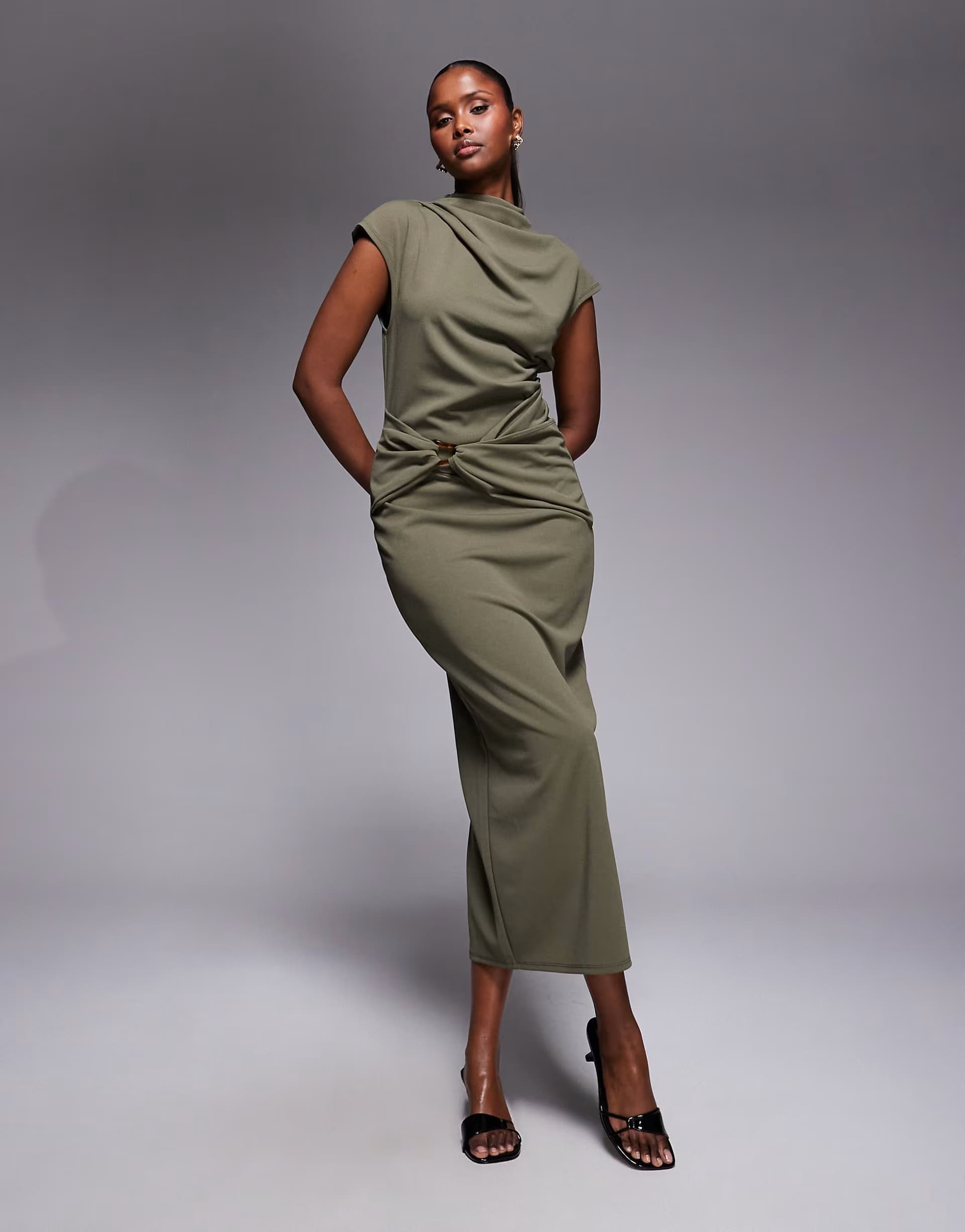 ASOS ASOS DESIGN cap sleeve wrap trim midi dress in khaki