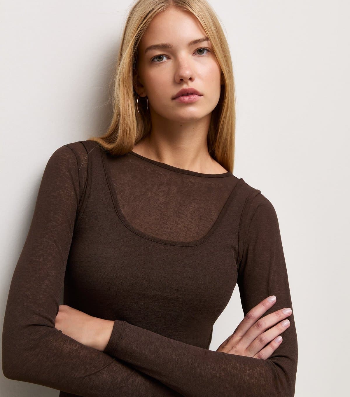 New Look Women's Dark Brown Sheer Layered Tank Long Sleeve Top New Look