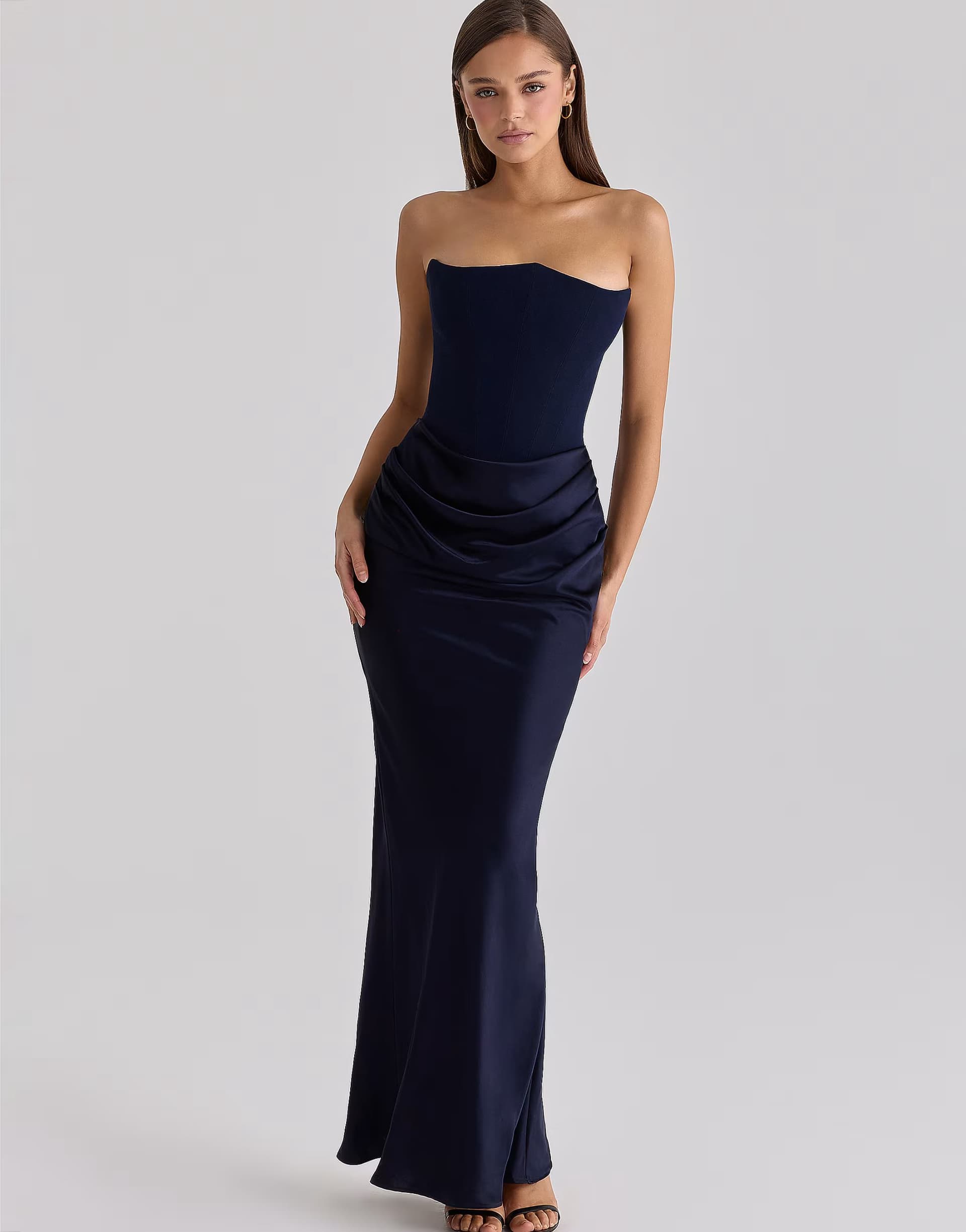 ASOS House of CB Persephone navy satin + crepe strapless corset maxi dress in navy
