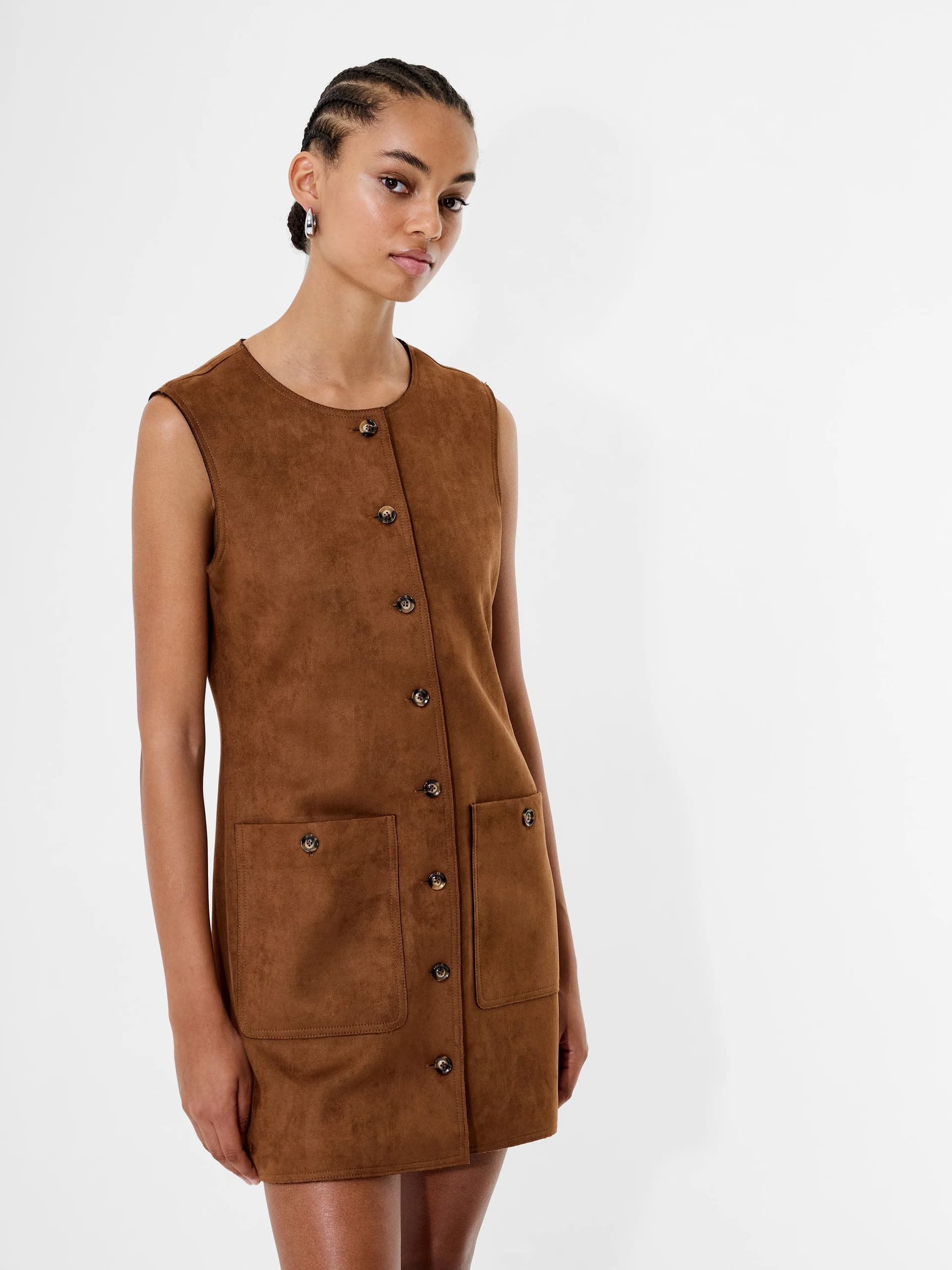 French Connection Laney Faux Suede Sleeveless Mini Dress Tan Brown