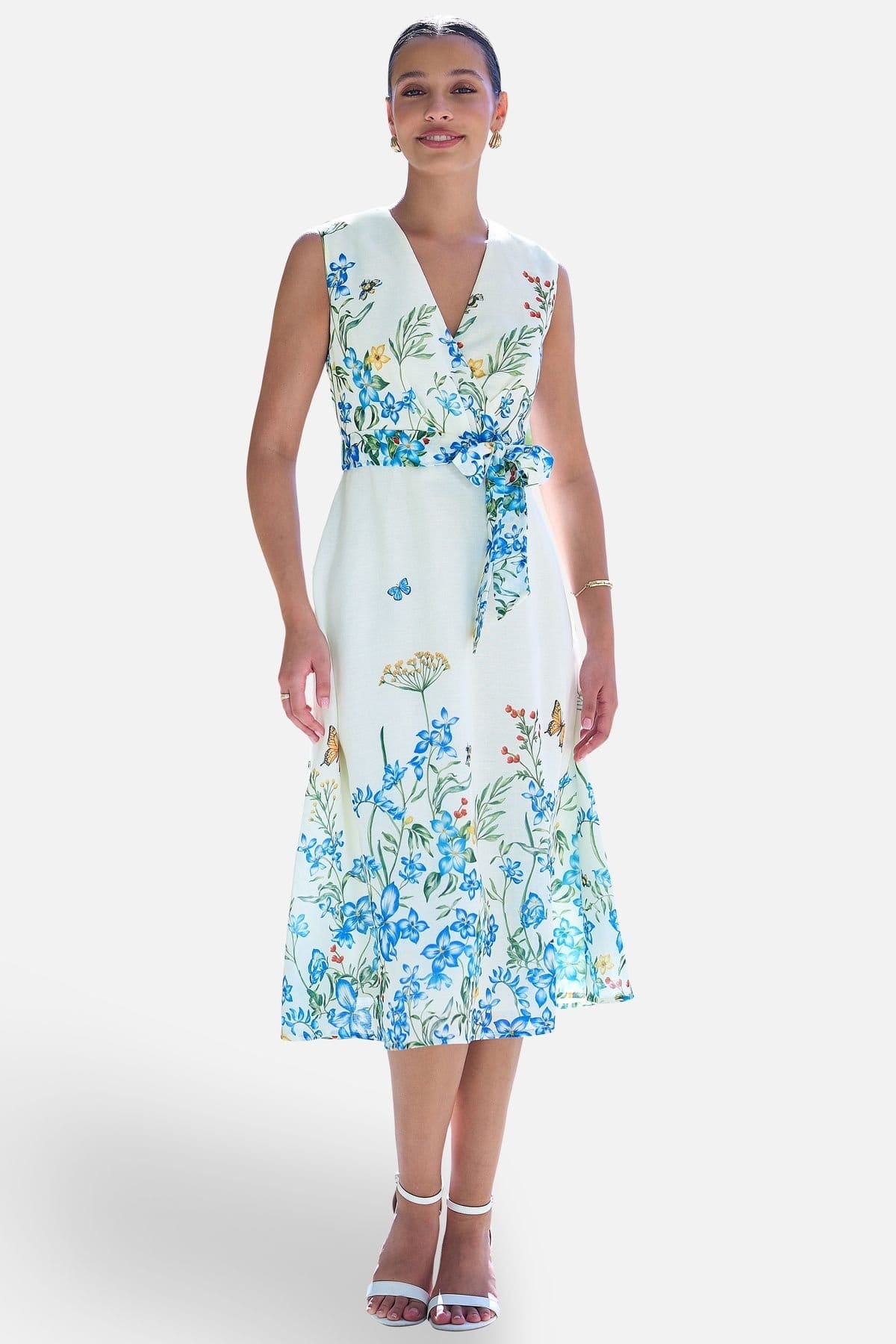 Yumi Ivory Butterfly Print Midi Wrap Dress