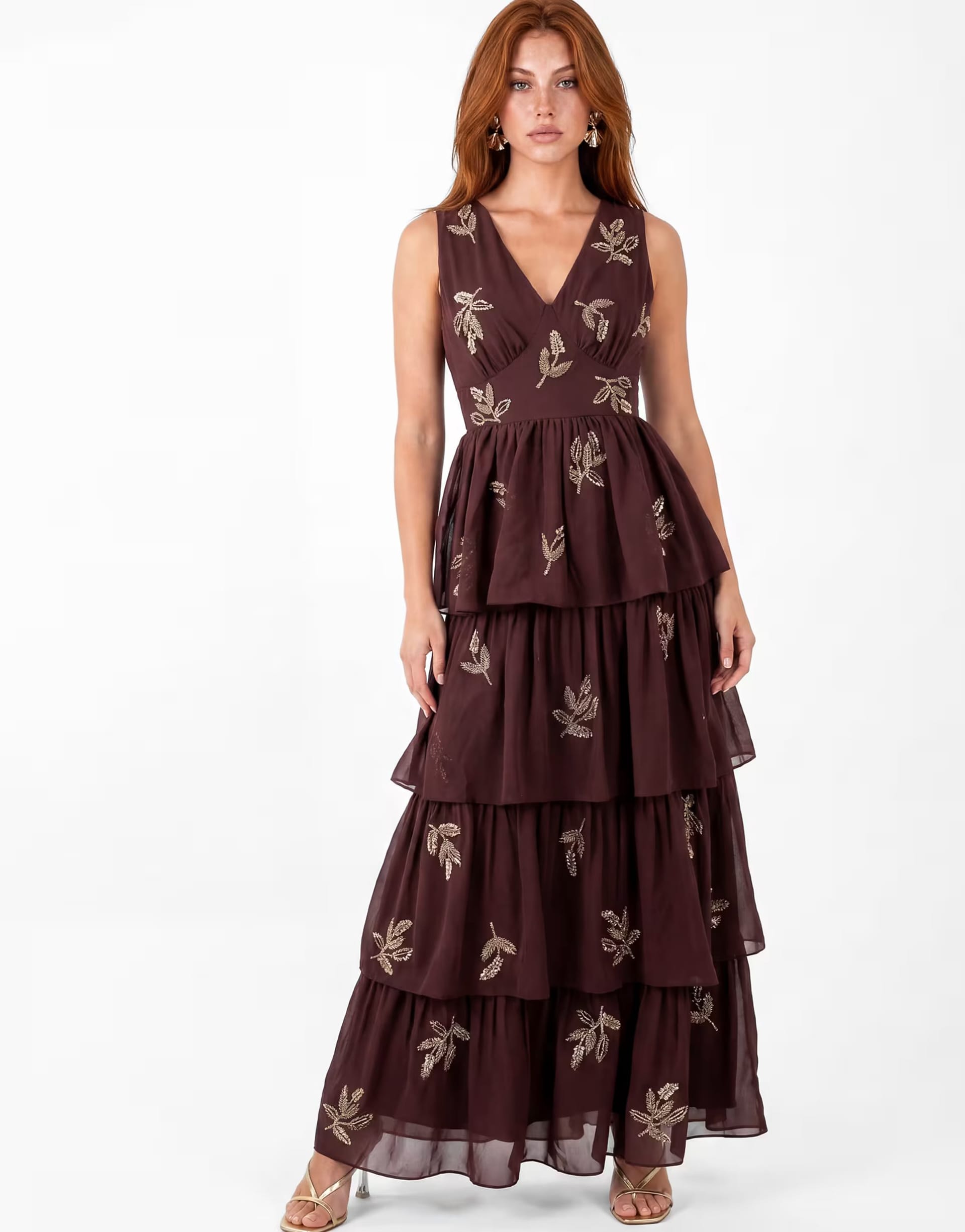 Maya Leaf embellished sleeveless v neck tiered maxi dress in espresso