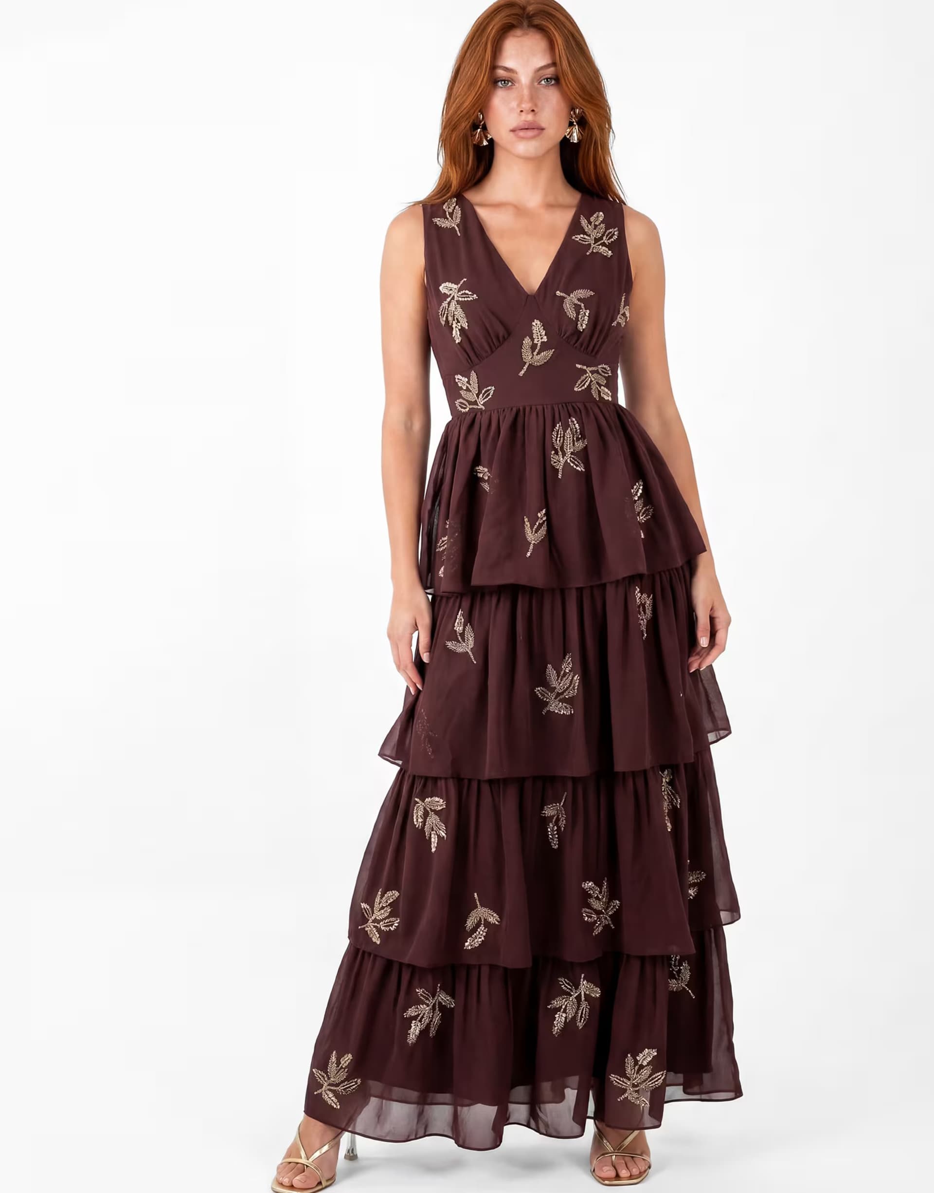 ASOS Maya Leaf embellished sleeveless v neck tiered maxi dress in espresso