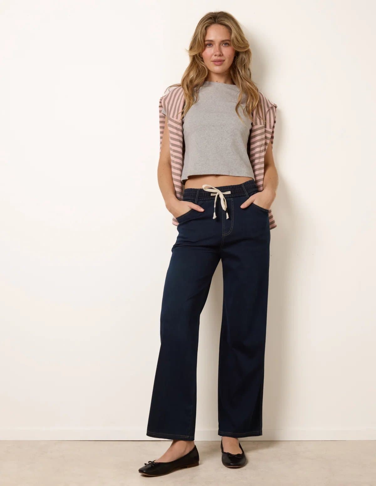 Blue Vanilla Herringbone Tie Up Stretch Trousers