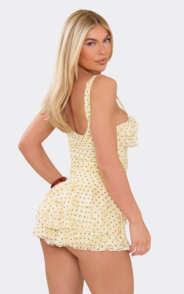 EGO Square Neck Ruffle Detail Playsuit In Lemon Lace, Women's Size UK 6 - 2