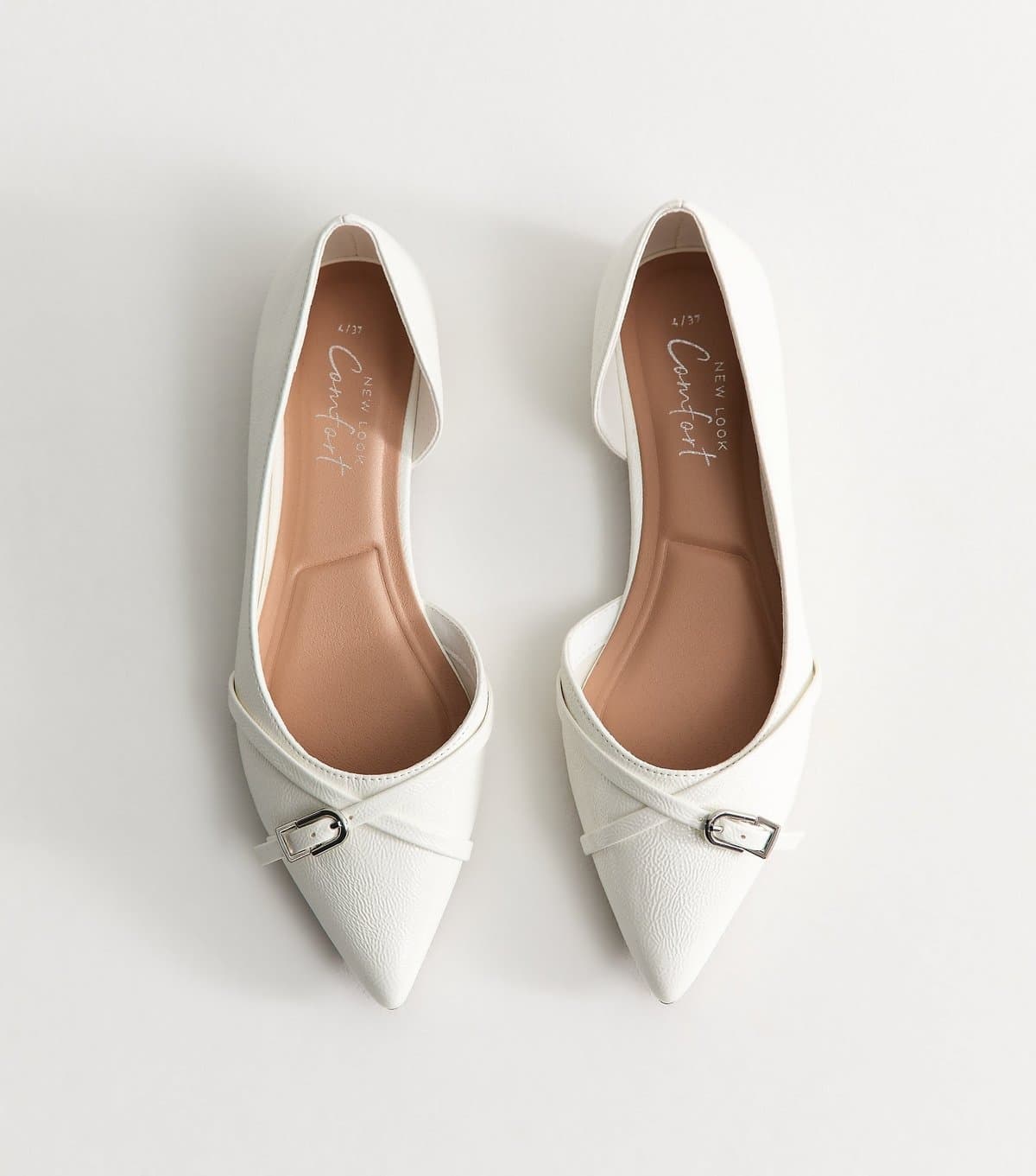 New Look Women's Off White Patent Faux Leather D'Orsay Buckle Detail Flats Vegan New Look