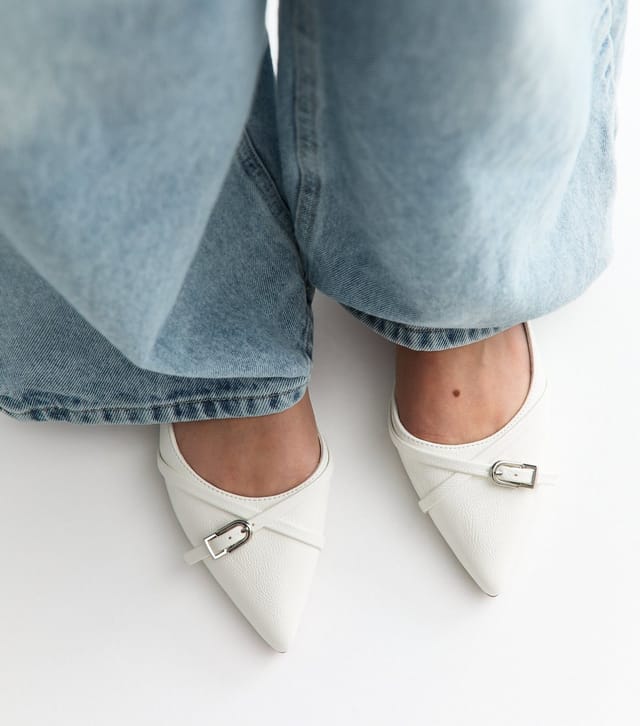 New Look Women's Off White Patent Faux Leather D'Orsay Buckle Detail Flats Vegan New Look - 2