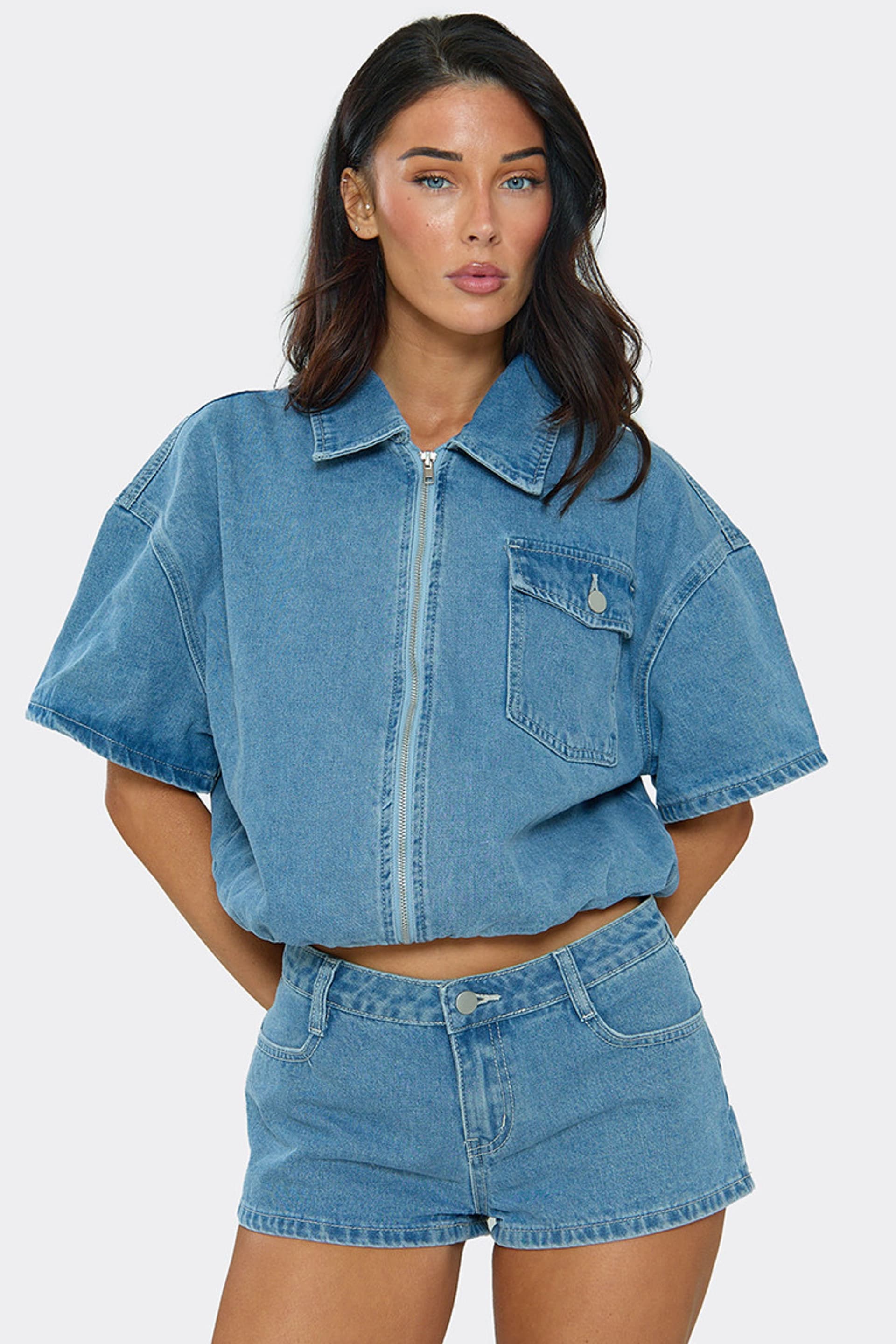 EGO EGO Women's Short Sleeve Collared Denim Jacket in Bright Blue