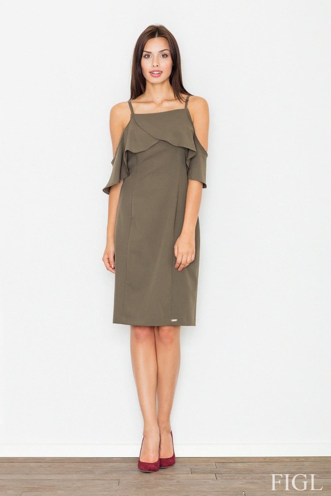 Love Lace Love Lace Women's Chic Knit Midi Dress With Shoulder Frills in Green