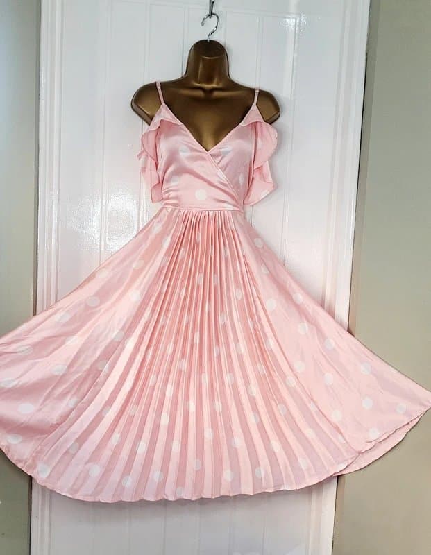 River Island River Island Size Ladies 14 pink satin pleated polka dot occasion dress wedding