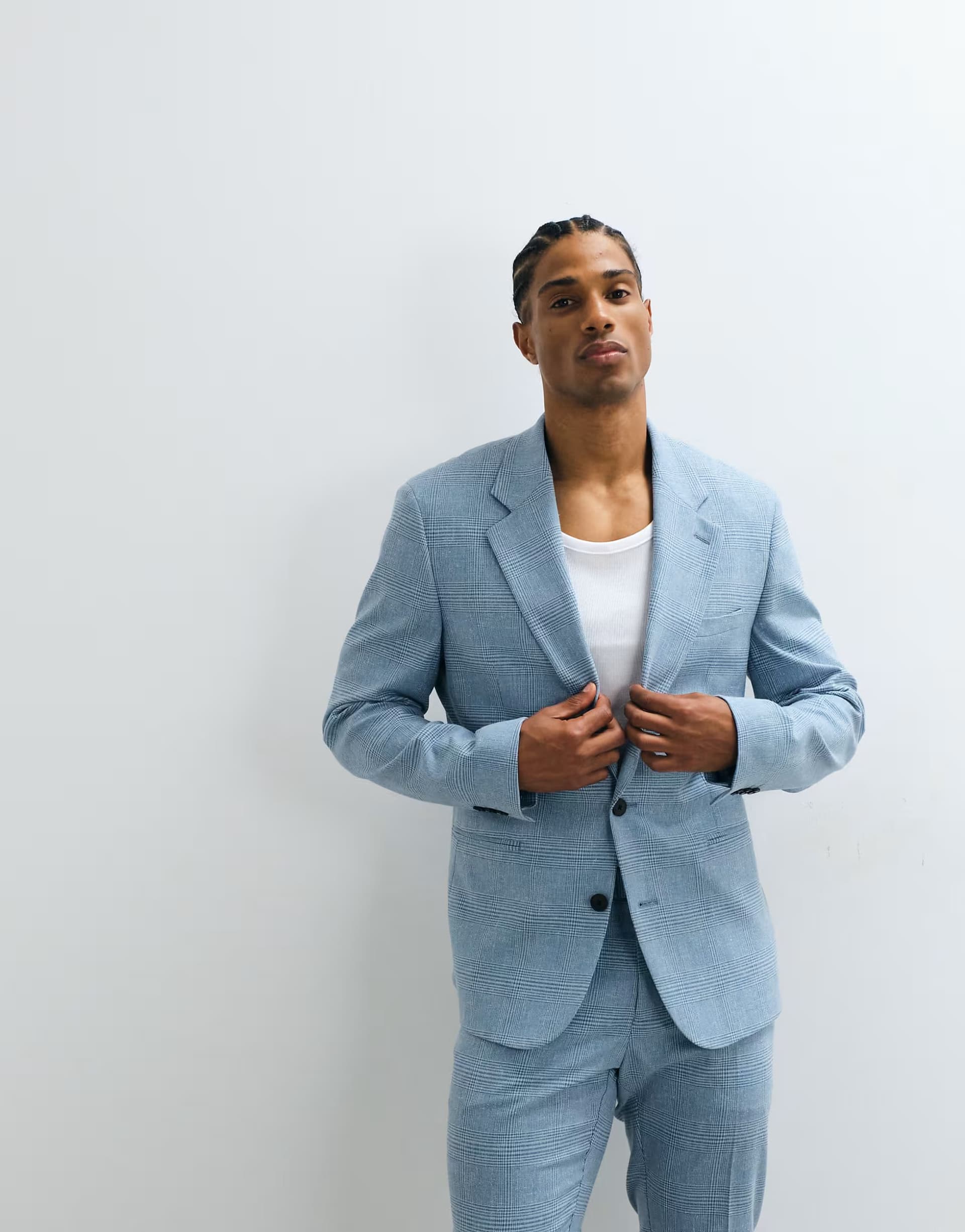 ASOS ASOS DESIGN linen blend skinny suit jacket in blue grid check