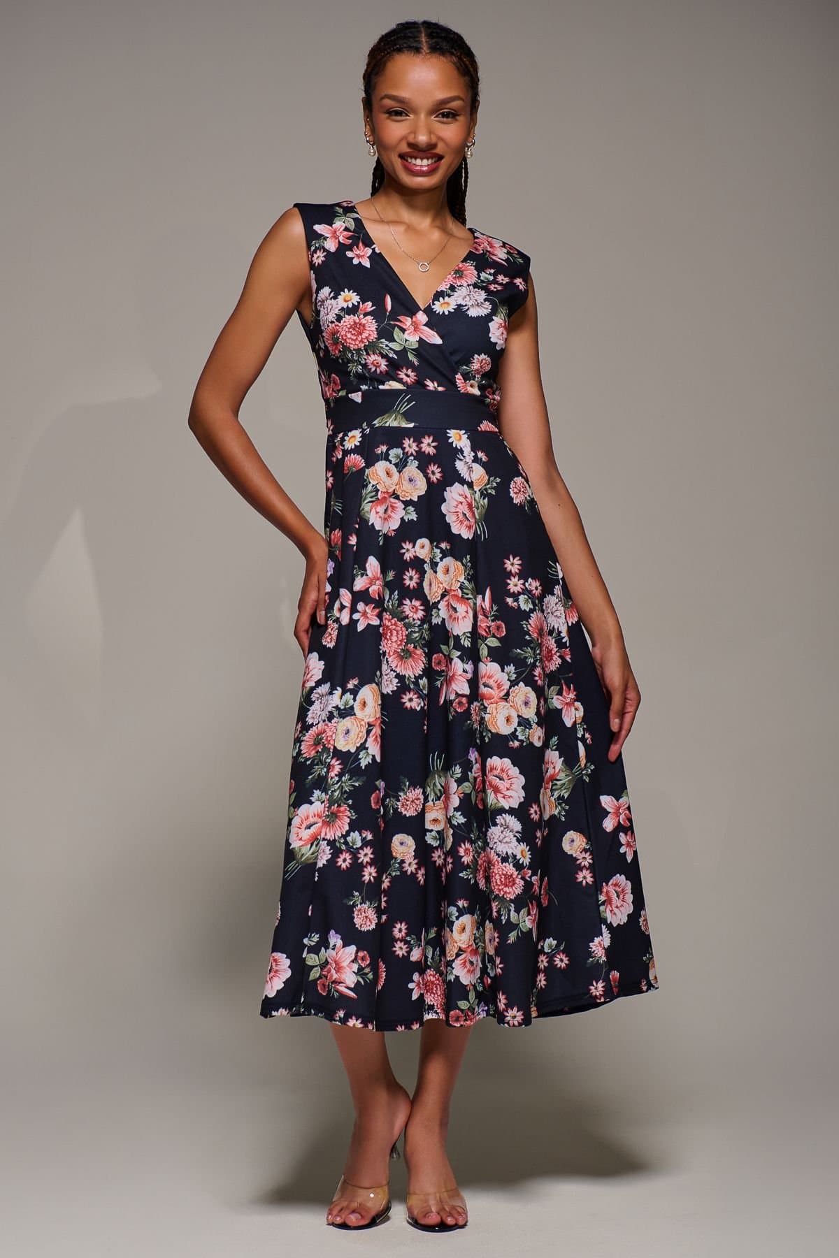 Jolie Moi Jolie Moi Women's V-Neck Fit & Flare Scuba Midaxi Dress in Black