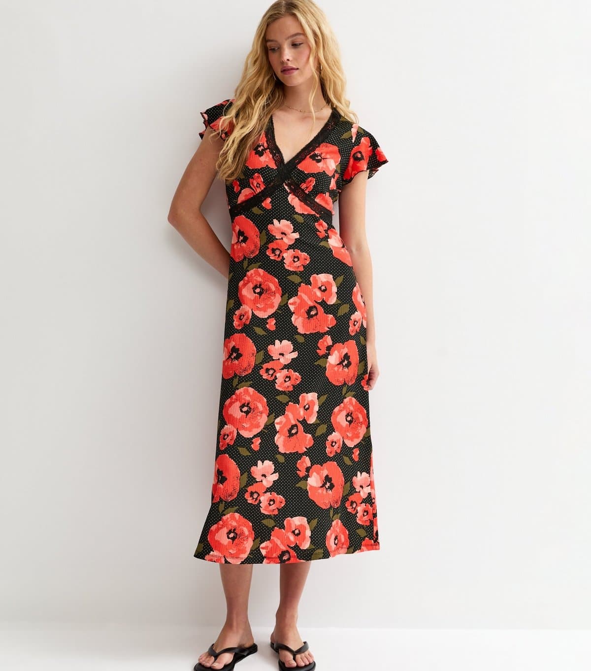 New Look Women's Red Floral Print Flutter Sleeve Midi Dress New Look