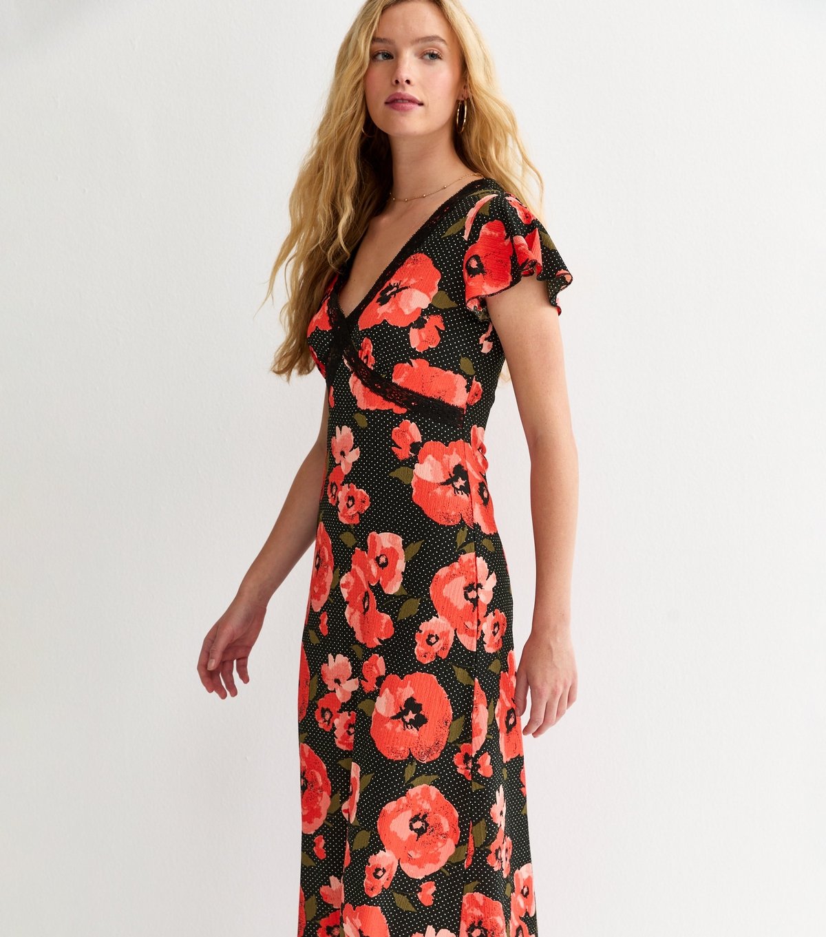 New Look Women's Red Floral Print Flutter Sleeve Midi Dress New Look - 3