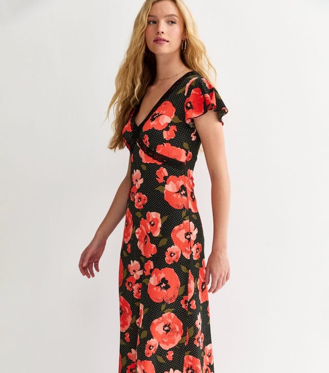 New Look Women's Red Floral Print Flutter Sleeve Midi Dress New Look - 3
