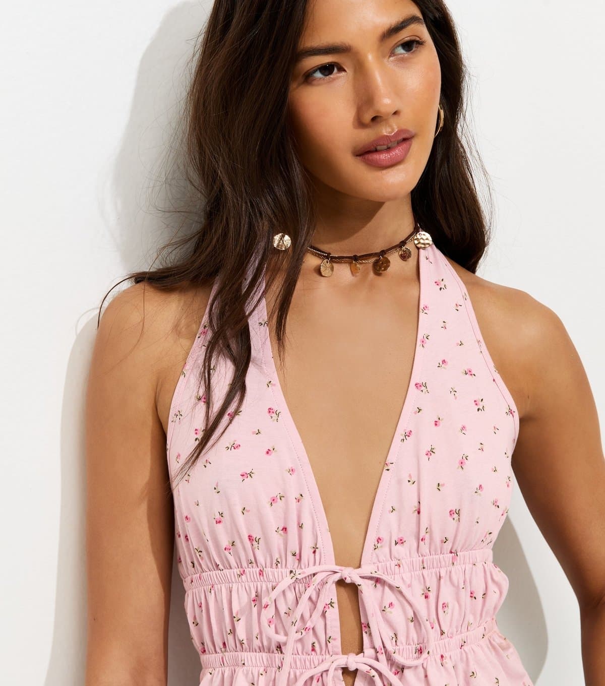 New Look Women's Light Pink Floral Print Tie Front Halter Neck Top New Look