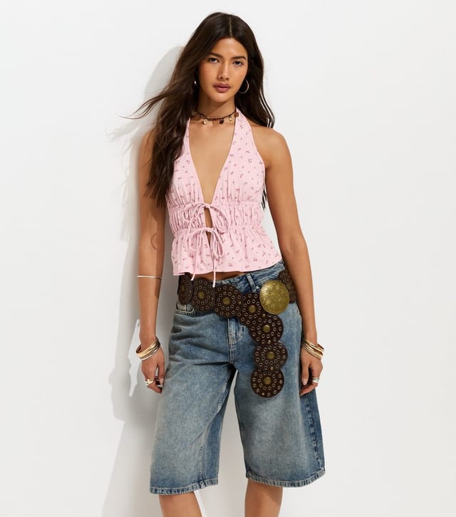 New Look Women's Light Pink Floral Print Tie Front Halter Neck Top New Look - 2