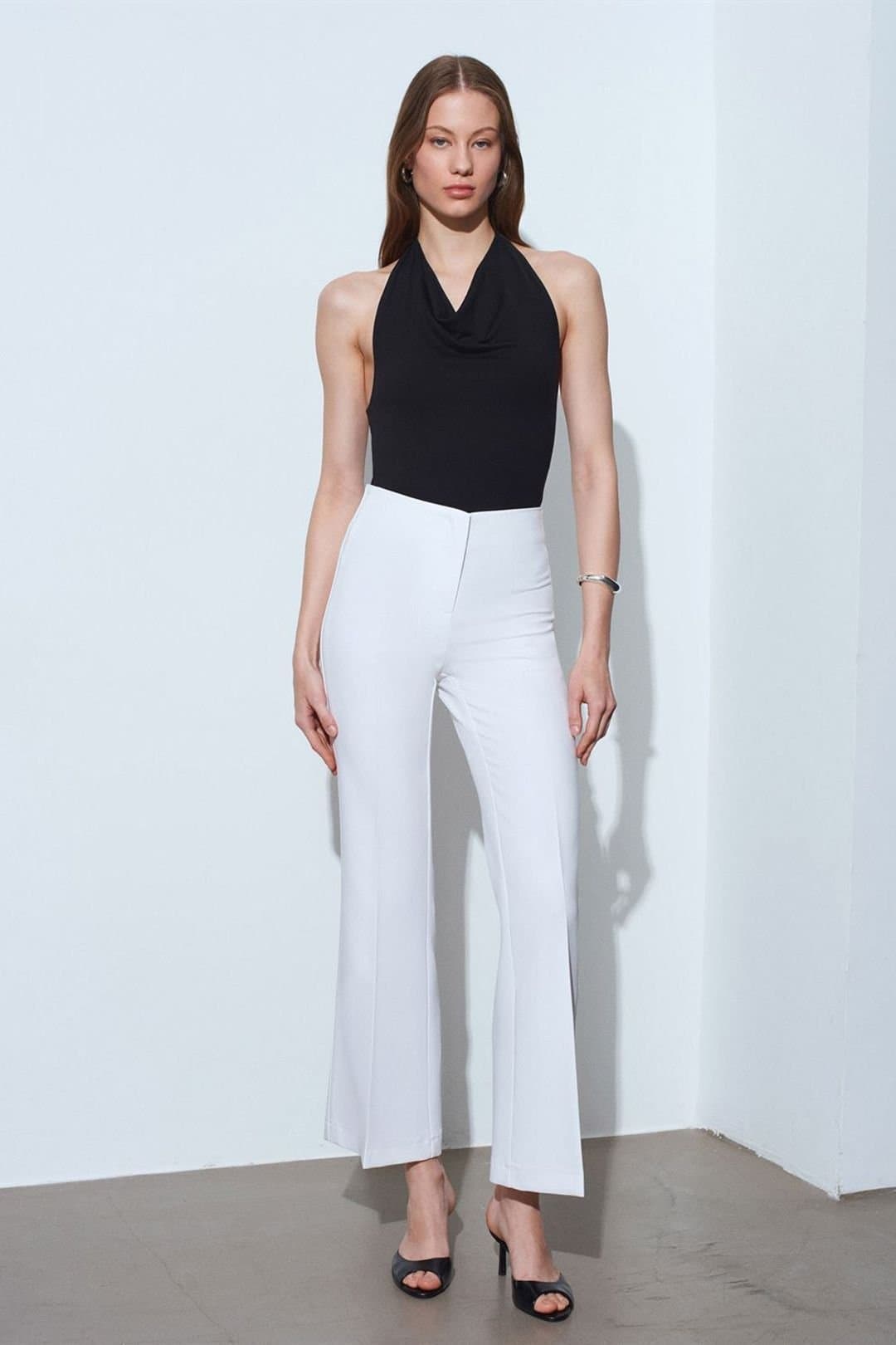 Dilvin Dilvin White High-Waist Flare Pants for Women