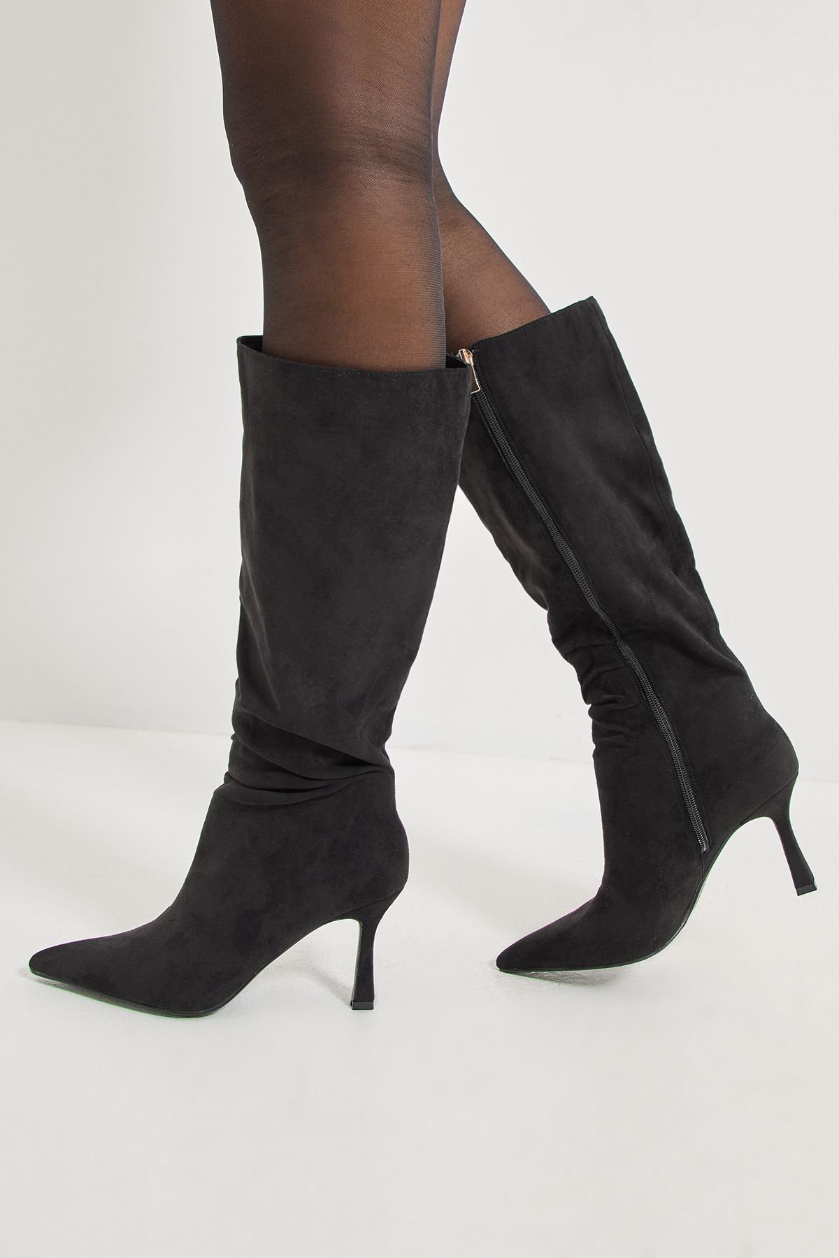 Wallis Wallis Women's Mia Faux Suede High Stiletto Heel Slouch Knee Boots in Natural Black - 3